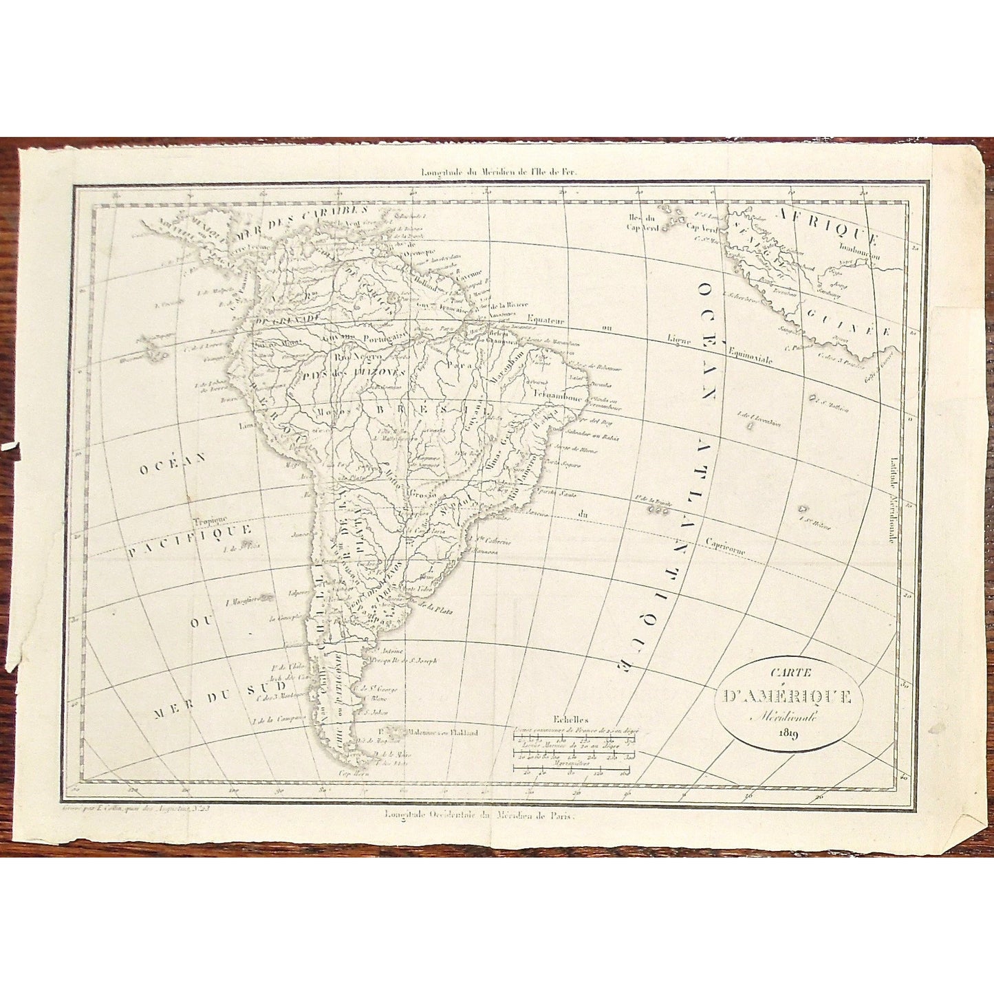 Carte, Carte d'Amerique Meridionale, Amerique, American, America, Meridional, Atlantique, Pacific, Pacifique, Ocean, Mer, Guinee, Afrique, Africa, South American, South America, Caribbean, Mer des Caraibes, Antique Map, Antique Prints, art, Vintage prints, 1819, 