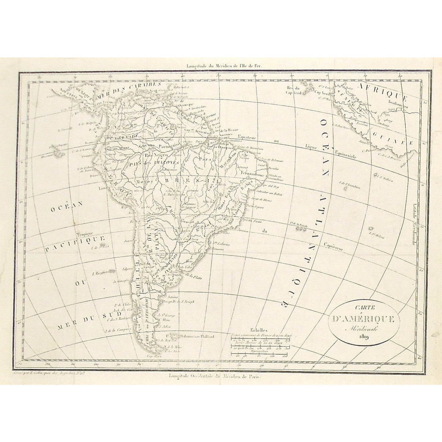 Carte, Carte d'Amerique Meridionale, Amerique, American, America, Meridional, Atlantique, Pacific, Pacifique, Ocean, Mer, Guinee, Afrique, Africa, South American, South America, Caribbean, Mer des Caraibes, Antique Map, Antique Prints, art, Vintage prints, 1819, 