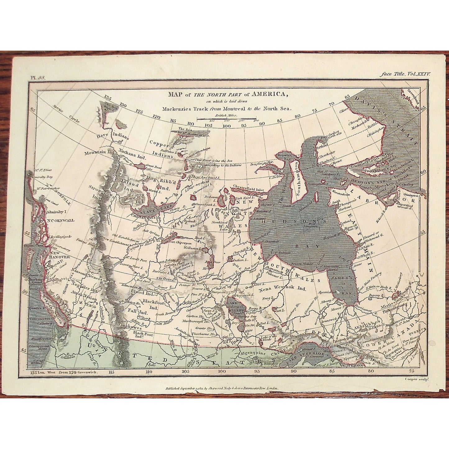 Map, North America, North Part of America, Mackenzie's Track, Montreal, North Sea, Hudson's Bay, Labrador, Hudson's Strait, Davis Strait, Nena Wehok Indians, Copper Indians, Dog Ribbed Indians, Mountain Indians, Strongrow Indians, Fall Indians, Cattanahowes, New Georgia, New South Wales, New North Wales, Lower Canada, Upper Canada, Great Lakes, East Main, Stony Mountains, Wakash Nation, Lake Winnipic, Blood Indians, Blackfoot Indians, Nagailer Indians, Atnah Nation, Slave Lake, Chepawyans, Beaver Indians, H