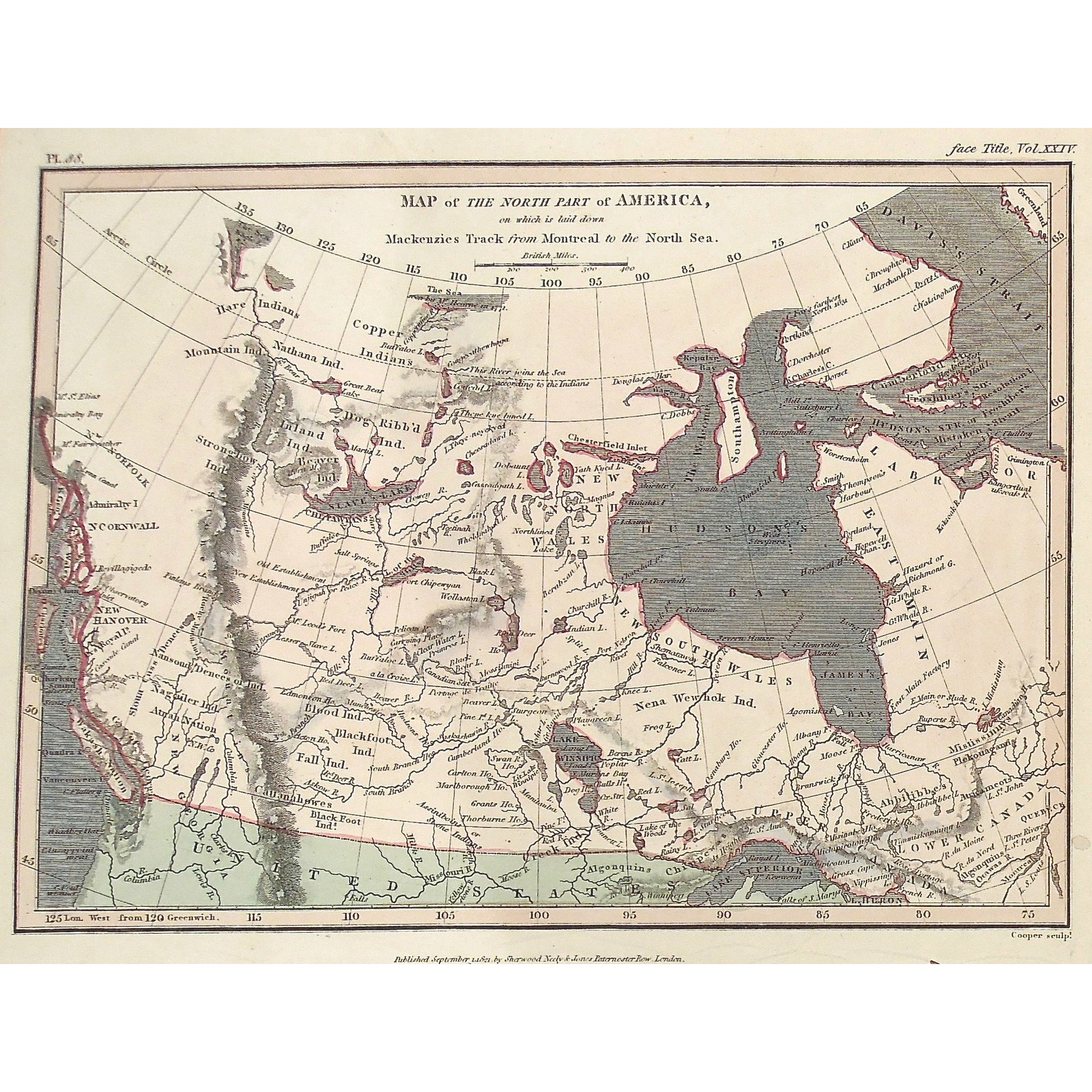 Map, North America, North Part of America, Mackenzie's Track, Montreal, North Sea, Hudson's Bay, Labrador, Hudson's Strait, Davis Strait, Nena Wehok Indians, Copper Indians, Dog Ribbed Indians, Mountain Indians, Strongrow Indians, Fall Indians, Cattanahowes, New Georgia, New South Wales, New North Wales, Lower Canada, Upper Canada, Great Lakes, East Main, Stony Mountains, Wakash Nation, Lake Winnipic, Blood Indians, Blackfoot Indians, Nagailer Indians, Atnah Nation, Slave Lake, Chepawyans, Beaver Indians, H