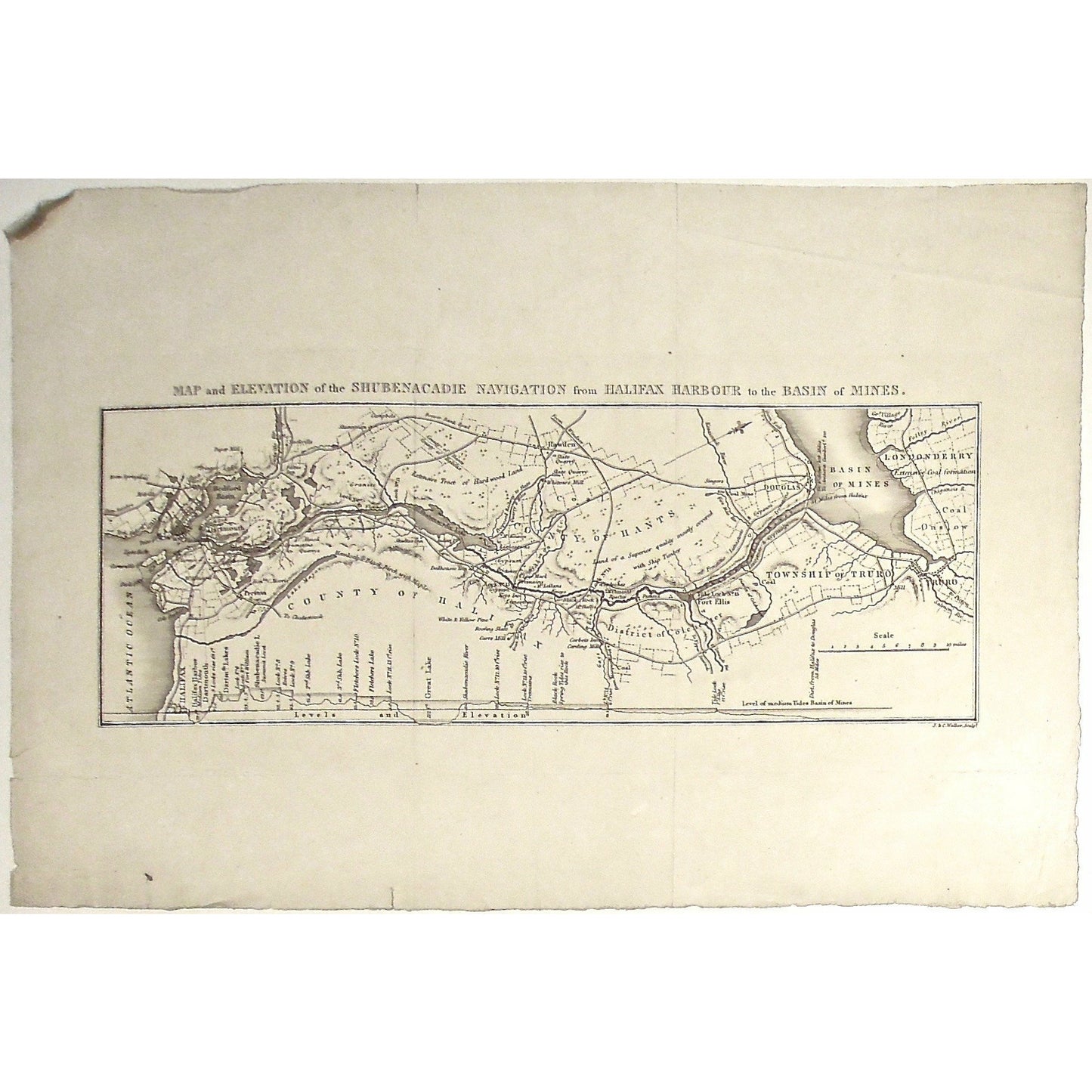 Map, Elevation, Shubenacadie, Navigation, Halifax, Harbour, Basin, Mines, Basin of mines, County of Hantes, Township of Truro, Truro, Hantes, District of Colchester, Colchester, County of Halifax, Halifax, Bedford Basin, Halifax Harbour, Douglas, Londonderry, Dartmouth, Preston, Levels, Paper Mill, Granite, Birch, Hardwood, Coal Mine, Fort Elhs, Black Rock, Limestone, Gypsum, Rock, Stone, Dalhousie Inn, Shultz's Inn, Rawden, London, Antique Print, Antique, Prints, Vintage, Vintage Art, Art, Wall art, Decor,