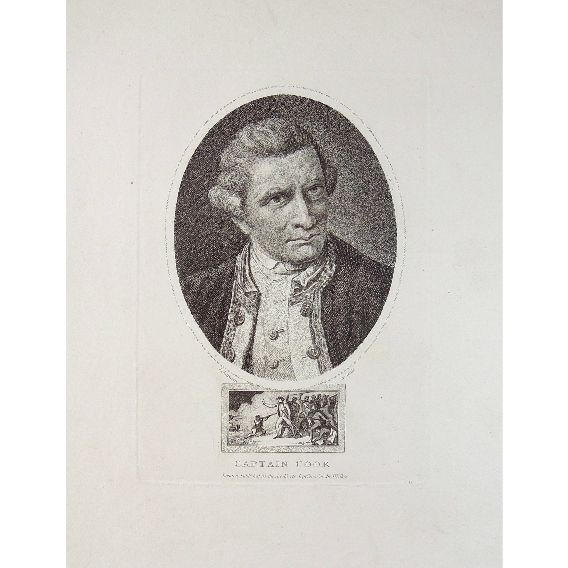 Portraits, Portrait, Portraiture, Captain Cook, Captain, Cook, Guns, Natives, Resistance, Anchor buttons, Royal Navy, Captain James Cook, James Cook, Explorer, Navigator, Cartographer, Hawaii, Hawaiian Islands, Sandwich Islands, Royal Naval Captain, 1778, 1800, London, Chapman, Stipple Engraving, Antique Print, Antique, Print, Antique Portrait, Wilkes, Art, Wall art, Wall art decor, Decor, Home decor, engraving, design, detail, 