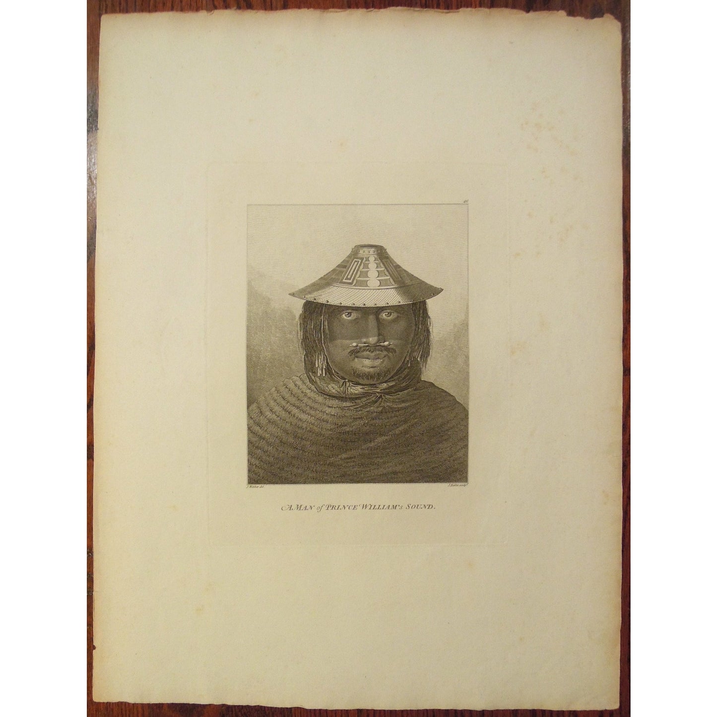 Aboriginal, Alaska, attire, Clothes, Dress, fashion, Hat, Hats, Man, Native, Native American, Native-American, Natives, Nose-piercing, Oonalashka, Portrait, portraiture, Prince William's Sound, style, Antique Prints, Antique, Prints, Vintage, Art, Wall art, decor, Basire, Webber, John Webber, James Cook, Cook, Voyage to the Pacific, 1784, Voyage,