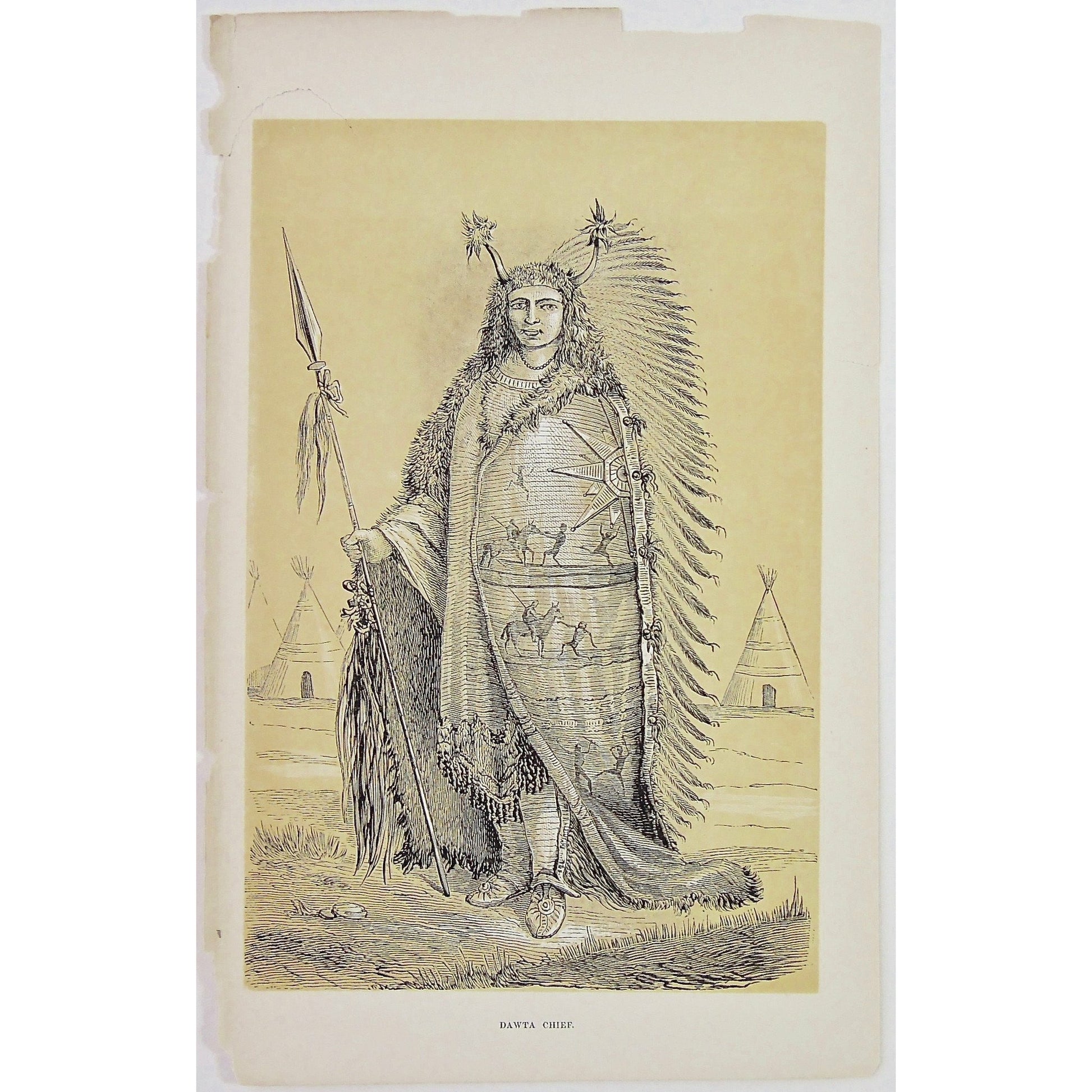 Deserts, North American, North America, Desert, Native, Indian, Clothing, Costume, Dress, Headdress, Feathers, Feathered, Spear, Horns, Teepee, Ornate, Detailed, Battle scenes, Dawta Chief, Dawta, Chief, Native-American, Antique Print, Antique, Prints, Art, Vintage, wall art, decor, design, engraving, rare, original, Domenech, Seven Years' Residence, Great Deserts, London, 1860, Joliet, woodcut, Longman, Green, Longman, and Roberts