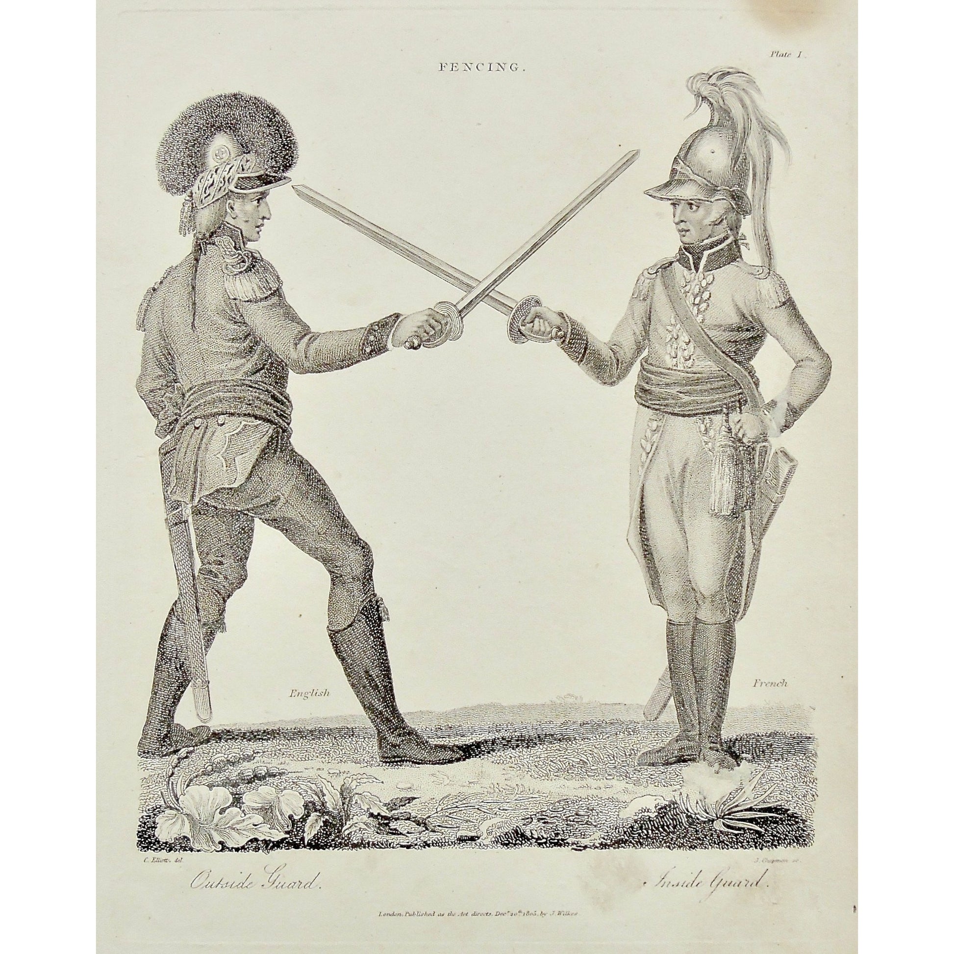 Fencing, Sport, Games, English, French, Outside Guard, Inside Guard, Sports, Sporting clothes, Helmets, Swords, Chapman, Elliott, Adlard, Antique Prints, Antique, Vintage, Prints, Decor, Art, wall art, London, Encyclopedia, 1805, Wilkes,