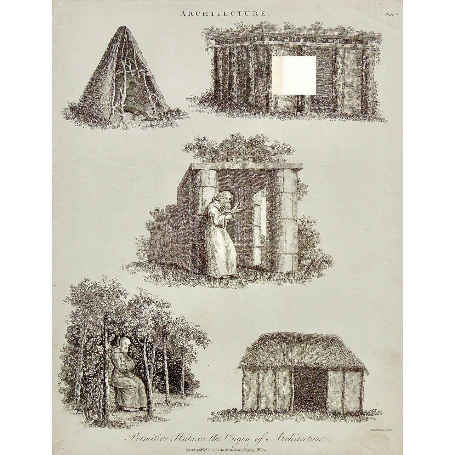 Architecture, Architect, Primitive huts, Huts, Primitive, Origin of Architecture, Origins, building, buildings, Wilkes, Adlard, Chapman, Antique Print, Antique, Prints, Print, Artwork, Art, Vintage, Wall art, Vintage prints, vintage art, Wall decor, engraving, encyclopedia, Encyclopaedia Londinensis, London, 1797,