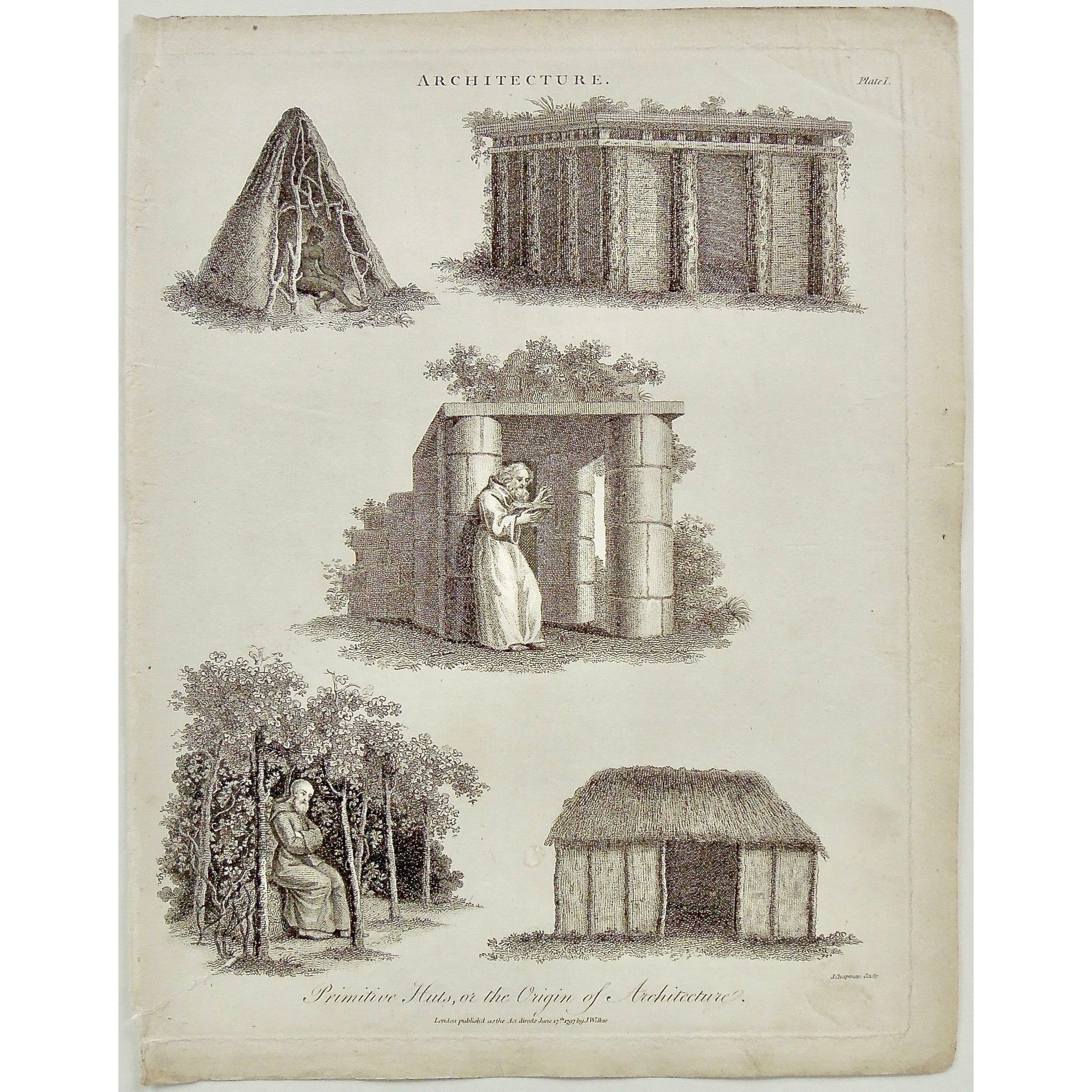 Architecture, Architect, Primitive huts, Huts, Primitive, Origin of Architecture, Origins, building, buildings, Wilkes, Adlard, Chapman, Antique Print, Antique, Prints, Print, Artwork, Art, Vintage, Wall art, Vintage prints, vintage art, Wall decor, engraving, encyclopedia, Encyclopaedia Londinensis, London, 1797,