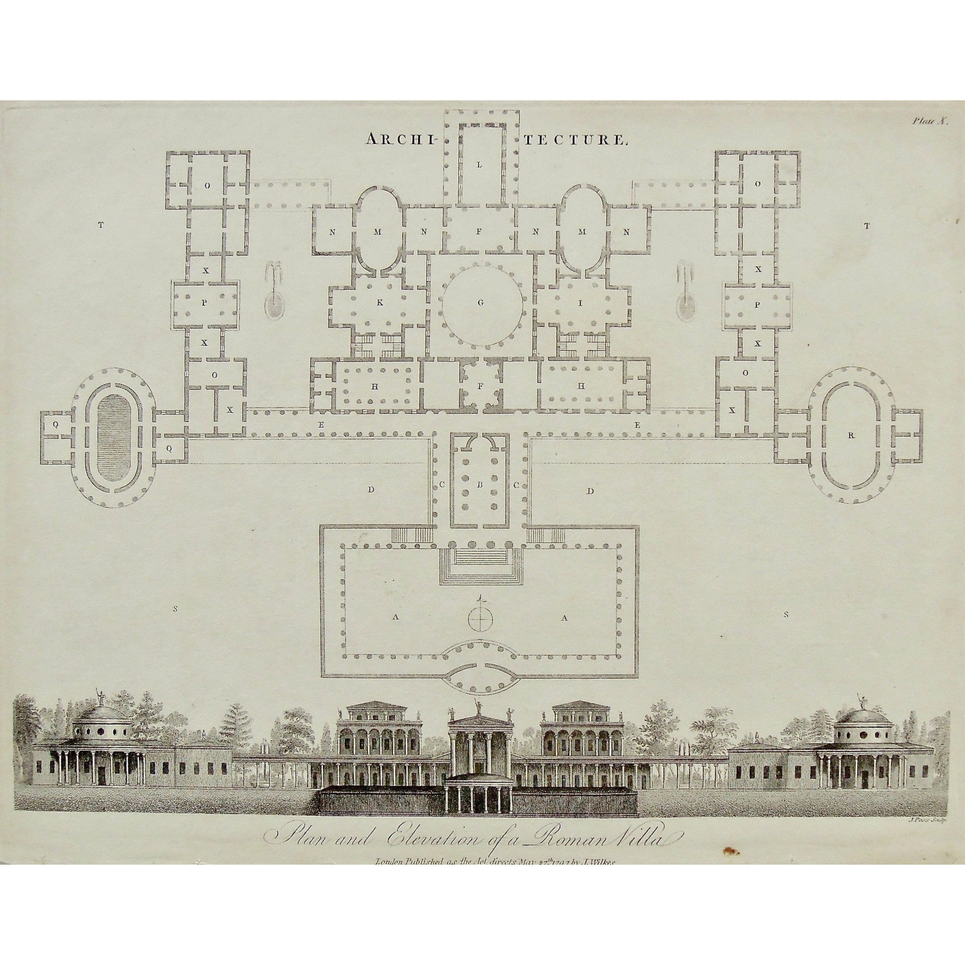 Architecture, Plan, Elevation, Roman, Villa, Roman Villa, Diagram, building, buildings, architect, plans, Wilkes, Adlard, Pass, Antique Print, Antique, Prints, Print, Artwork, Art, Vintage, Wall art, Vintage prints, vintage art, Wall decor, engraving, encyclopedia, Encyclopaedia Londinensis, London, 1796,