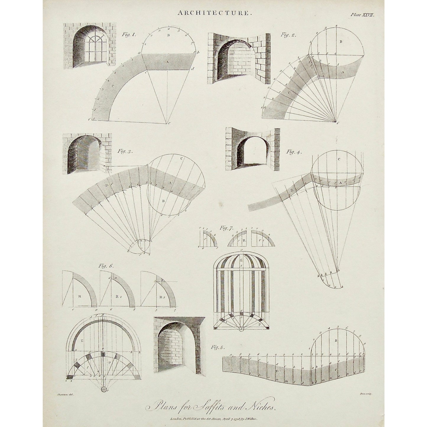 Architecture, Architect, building, buildings, interior, interiors, design, plans, Soffits, Niches, Plans for niches, plans for soffits, nooks, nook, diagram, Antique print, Prints, Antique, vintage, Art, Wall art, decor, Wilkes, Pass, Sheraton, Adlard, Encyclopaedia Londinensis, London, 1798,