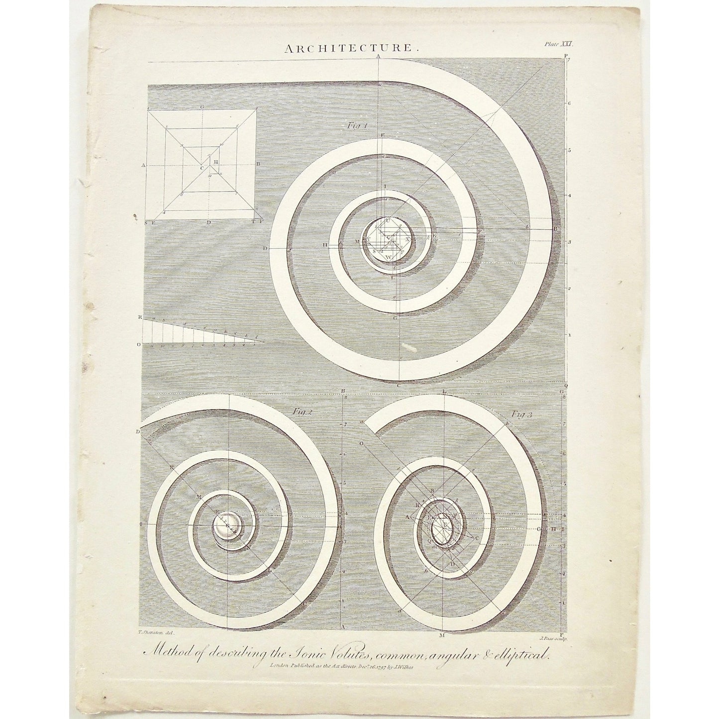 Architecture, Architect, Method, Building, buildings, describing, Ionic Volutes, Ionic, Volutes, Common, Angular, Elliptical, Column, columns, Structure, diagram, Antique Print, Antique, Prints, Vintage, Art, Wall art, decor, Original, Encyclopedia, Encyclopaedia Londinensis, London, 1797, Adlard, Pass, Wilkes, Sheraton, Universal Dictionary of Arts, Dictionary,