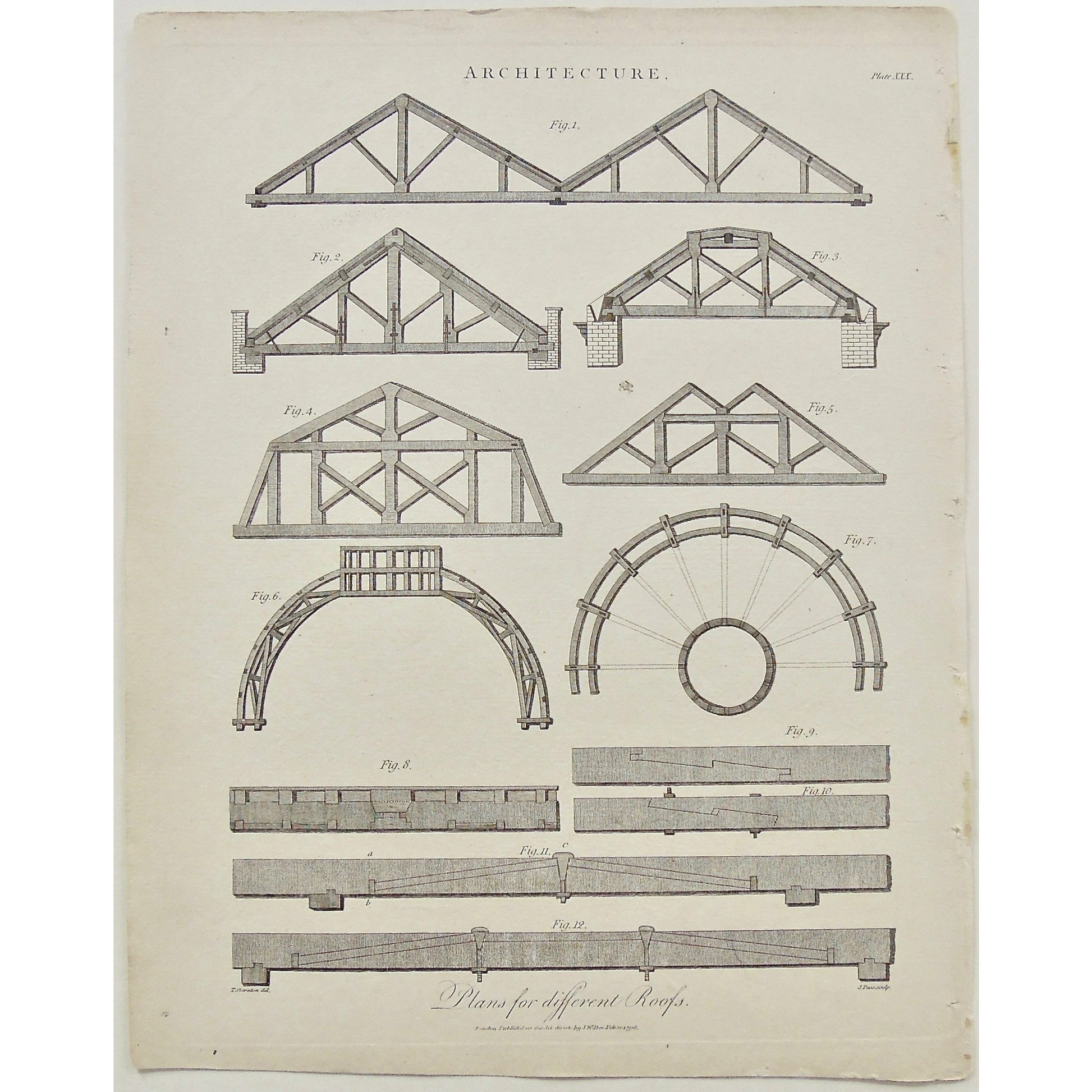 Architecture, Architect, building, buildings, interior, interiors, design, plans, Roofs, Roof, diagram, Antique Print, Antique, Prints, Vintage, Art, Wall art, decor, Original, Encyclopedia, Encyclopaedia Londinensis, London, 1798, Universal Dictionary of Arts, Dictionary, Adlard, Pass, Wilkes, Sheraton,