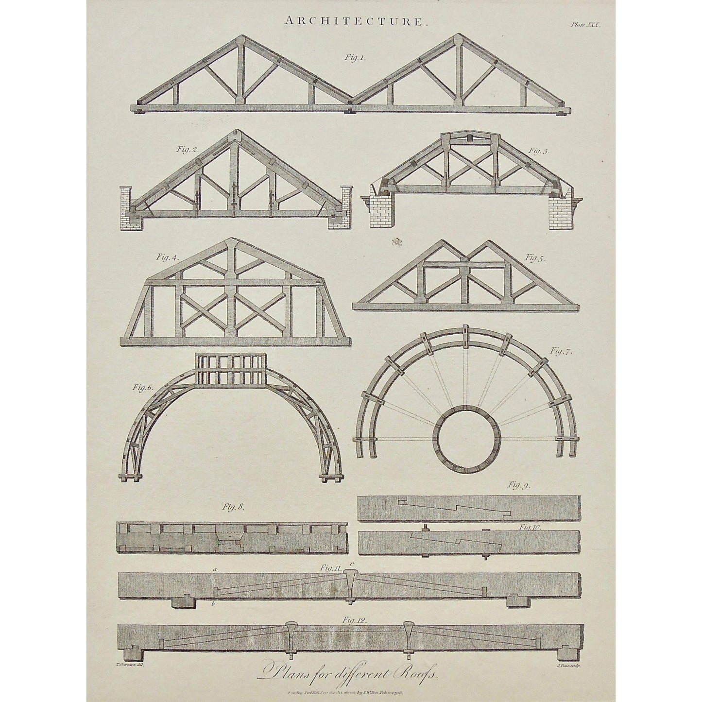 Architecture, Architect, building, buildings, interior, interiors, design, plans, Roofs, Roof, diagram, Antique Print, Antique, Prints, Vintage, Art, Wall art, decor, Original, Encyclopedia, Encyclopaedia Londinensis, London, 1798, Universal Dictionary of Arts, Dictionary, Adlard, Pass, Wilkes, Sheraton,