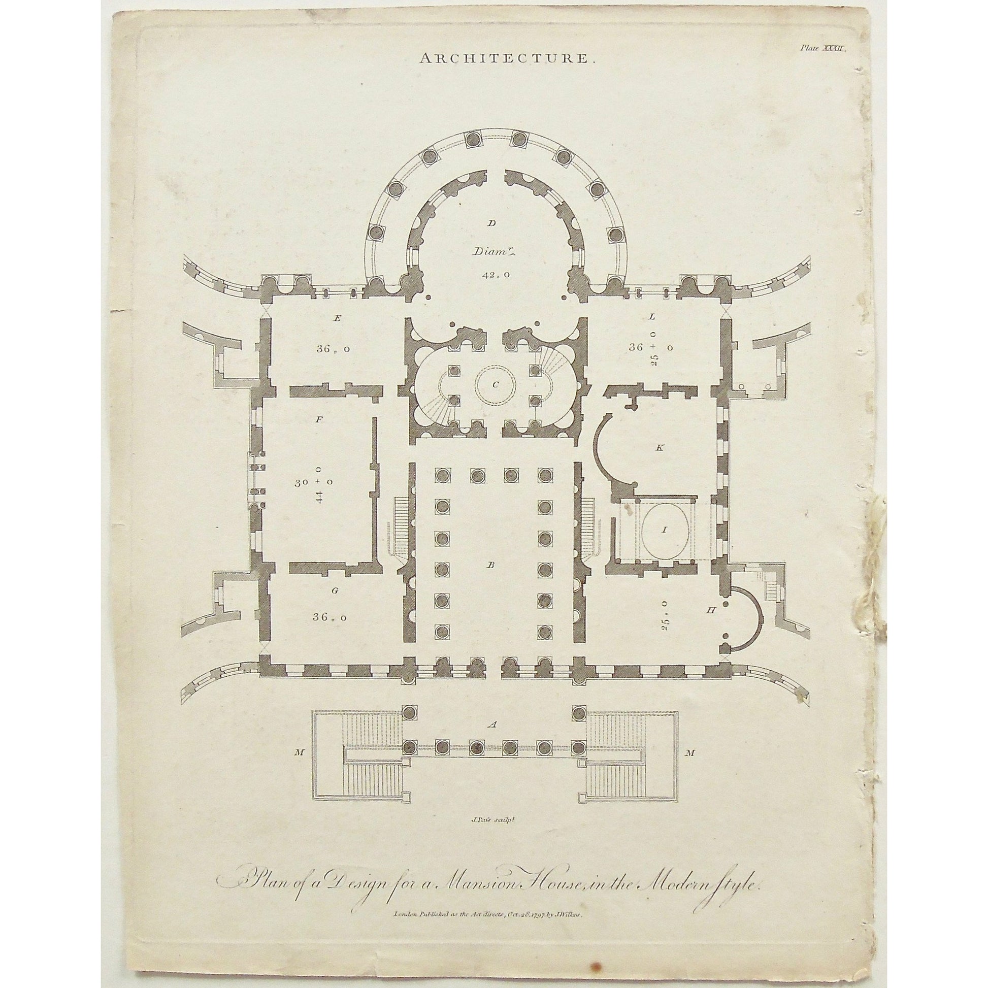 Architecture, Architect, building, buildings, interior, interiors, design, plans, Design for a Mansion, Mansion deisign, mansion, Mansion house, Modern style, Diagram, Modern, style, Antique Print, Antique, Prints, Vintage, Art, Wall art, decor, Original, Encyclopedia, Encyclopaedia Londinensis, London, 1797, Universal Dictionary of Arts, Dictionary, Adlard, Wilkes,