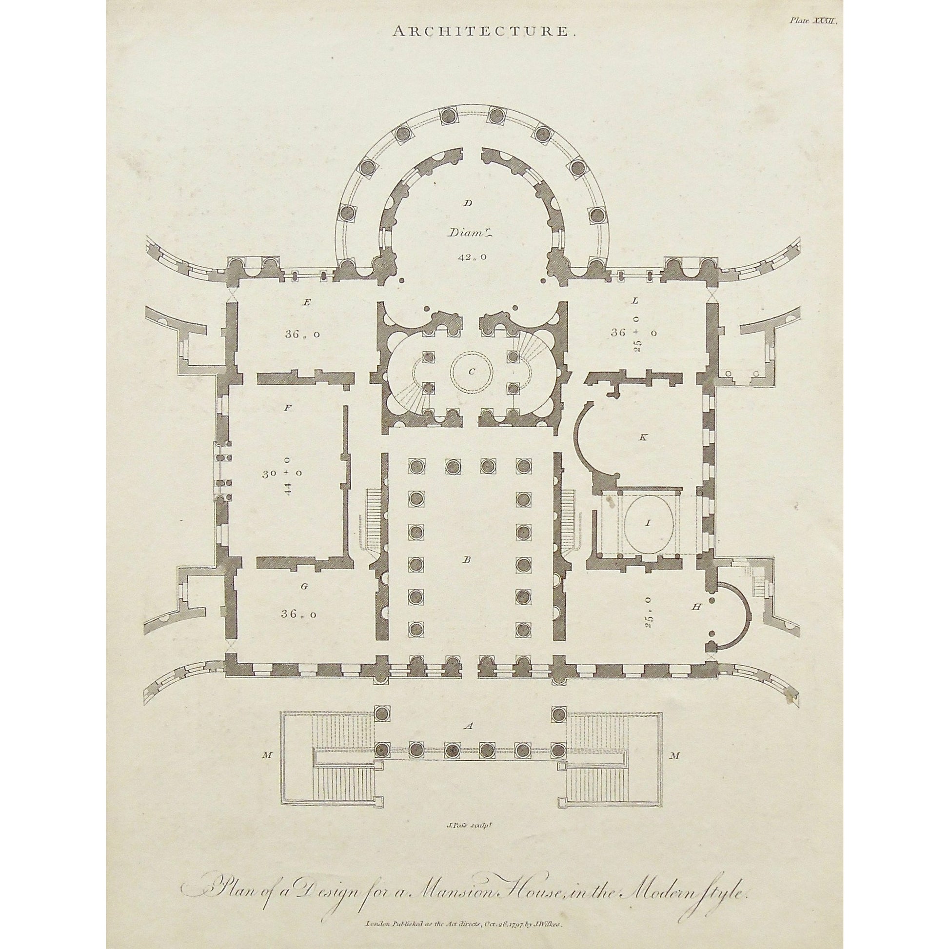 Architecture, Architect, building, buildings, interior, interiors, design, plans, Design for a Mansion, Mansion deisign, mansion, Mansion house, Modern style, Diagram, Modern, style, Antique Print, Antique, Prints, Vintage, Art, Wall art, decor, Original, Encyclopedia, Encyclopaedia Londinensis, London, 1797, Universal Dictionary of Arts, Dictionary, Adlard, Wilkes,