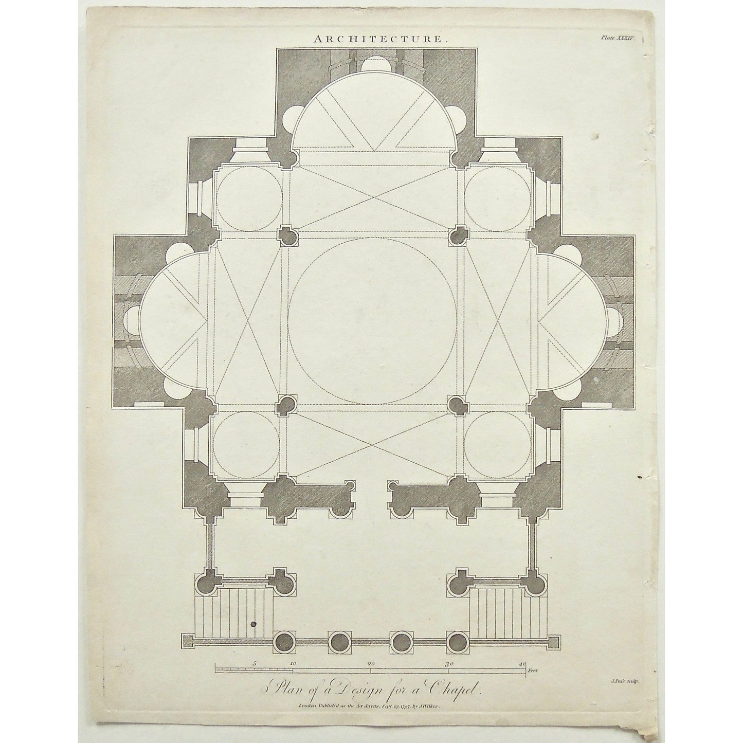 Architecture, Architect, building, buildings, interior, interiors, design, plans, Chapel, Chapel design, Plans for a chapel, diagram, Antique Print, Antique, Prints, Vintage, Art, Wall art, decor, Original, Encyclopedia, Encyclopaedia Londinensis, London, 1797, Universal Dictionary of Arts, Dictionary, Adlard, Pass, Wilkes,