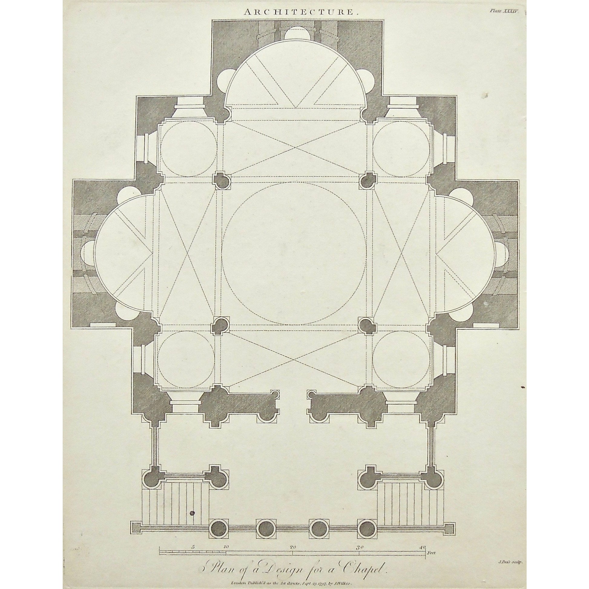 Architecture, Architect, building, buildings, interior, interiors, design, plans, Chapel, Chapel design, Plans for a chapel, diagram, Antique Print, Antique, Prints, Vintage, Art, Wall art, decor, Original, Encyclopedia, Encyclopaedia Londinensis, London, 1797, Universal Dictionary of Arts, Dictionary, Adlard, Pass, Wilkes,