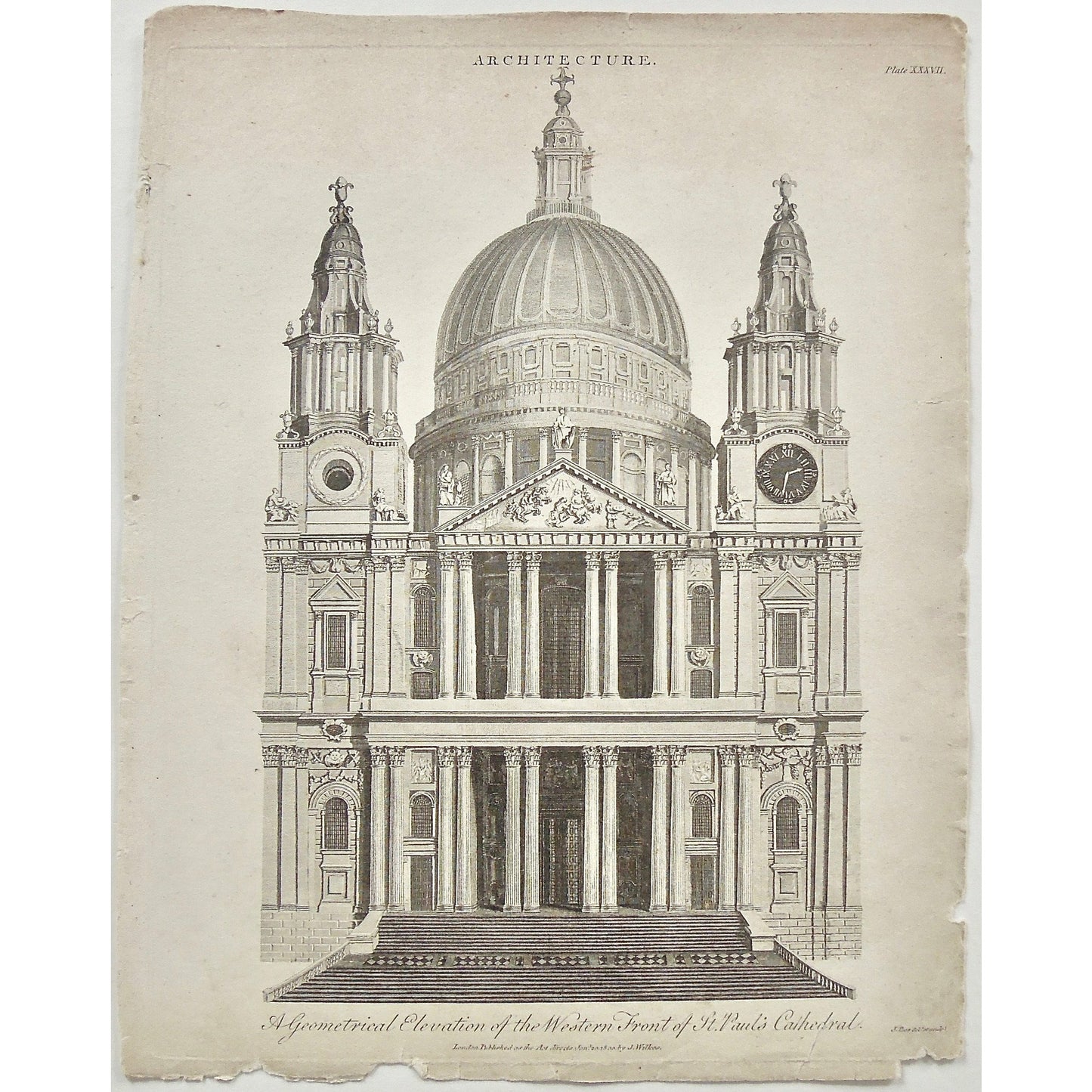 Architecture, Architect, Exteriors, Design, Building, Buildings, Facade, Dome, Cathedral, Cathedrals, St. Paul's, St. Paul, St. Paul's Cathedral, pillars, entrance, Western front, Front, Elevation, Antique Print, Antique, Prints, Vintage, Art, Wall art, decor, Original, Encyclopedia, Encyclopaedia Londinensis, London, 1800, Universal Dictionary of Arts, Dictionary, Adlard, Pass, Wilkes,