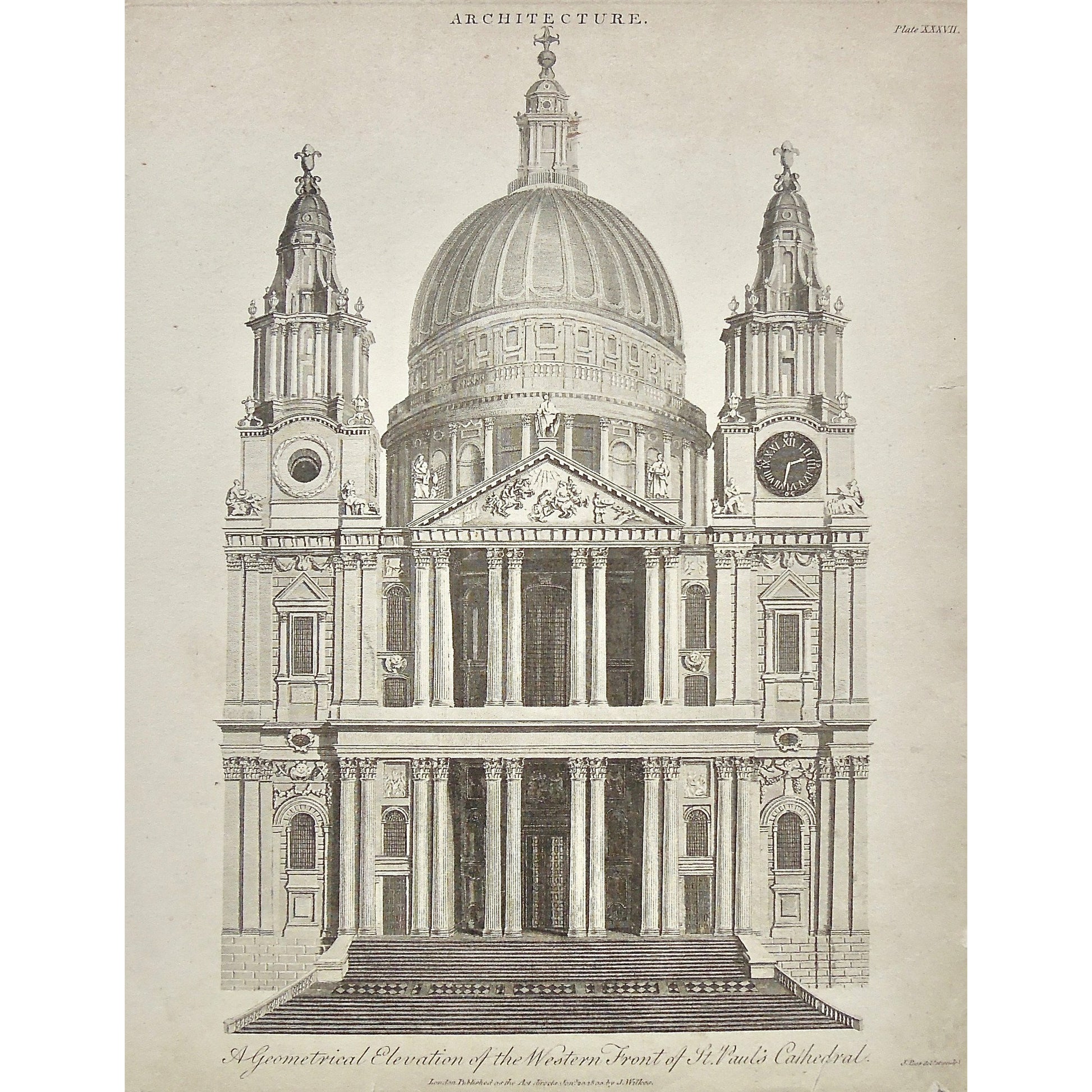 Architecture, Architect, Exteriors, Design, Building, Buildings, Facade, Dome, Cathedral, Cathedrals, St. Paul's, St. Paul, St. Paul's Cathedral, pillars, entrance, Western front, Front, Elevation, Antique Print, Antique, Prints, Vintage, Art, Wall art, decor, Original, Encyclopedia, Encyclopaedia Londinensis, London, 1800, Universal Dictionary of Arts, Dictionary, Adlard, Pass, Wilkes,