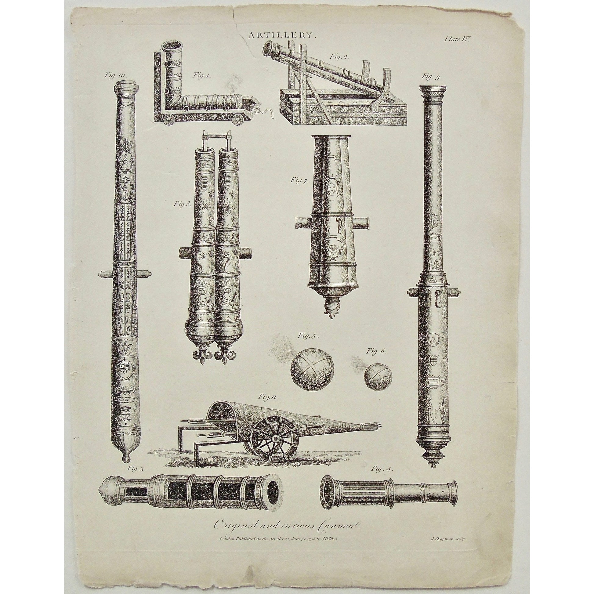 Artillery, Original cannons, Cannon, Cannons, Curious Cannon, design, detail, cannon balls, engraved cannons, war, wars, weapons, weaponry, Antique Print, Antique, Prints, Vintage, Art, Artwork, decor, Wall decor, engraving, Encyclopedia, Dictionary, London, Universal Dictionary of the Arts, Encyclopaedia Londinensis, Wilkes, Adlard, Chapman, 1798,