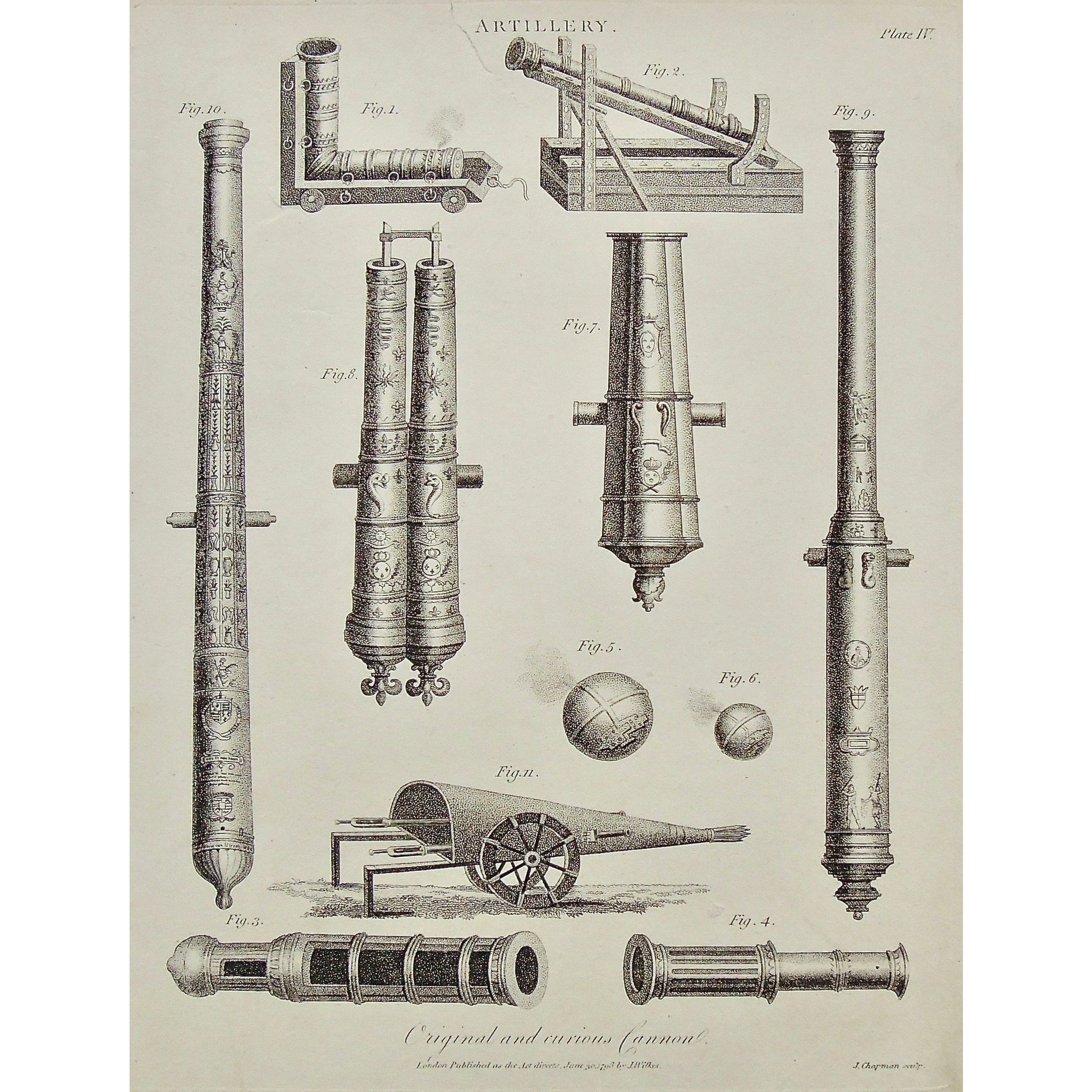 Artillery, Original cannons, Cannon, Cannons, Curious Cannon, design, detail, cannon balls, engraved cannons, war, wars, weapons, weaponry, Antique Print, Antique, Prints, Vintage, Art, Artwork, decor, Wall decor, engraving, Encyclopedia, Dictionary, London, Universal Dictionary of the Arts, Encyclopaedia Londinensis, Wilkes, Adlard, Chapman, 1798,