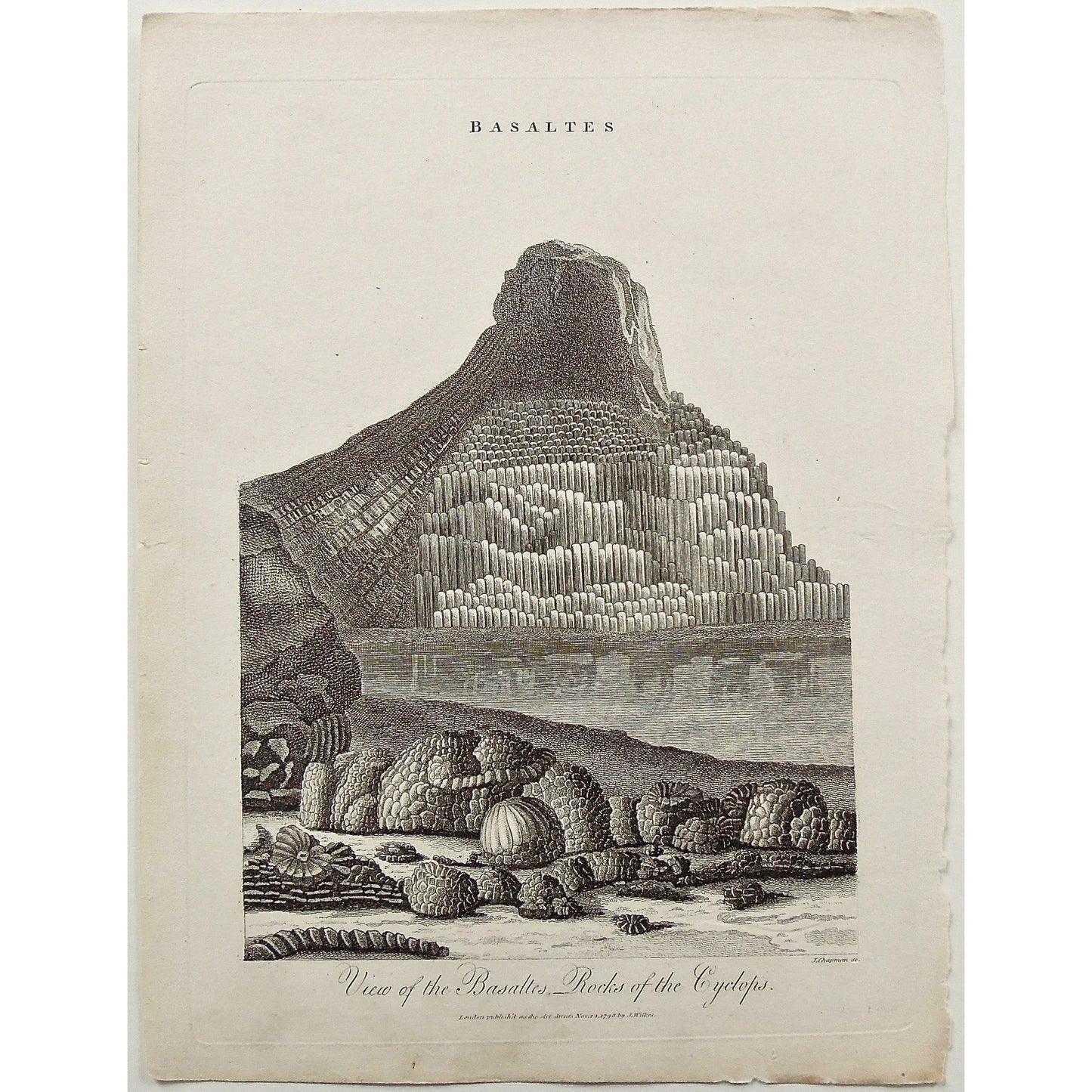 Basaltes, Rocks, Rock, Rock formations, Rocks of the Cyclops, Cyclops, Sicily, Antique Prints, Antique, Print, Vintage, Art, Wall art, decor, engraving, Encyclopedia, Encyclopaedia Londinensis, Dictionary, Universal Dictionary of Arts, London, Wilkes, Pass, Chapman, 1798,