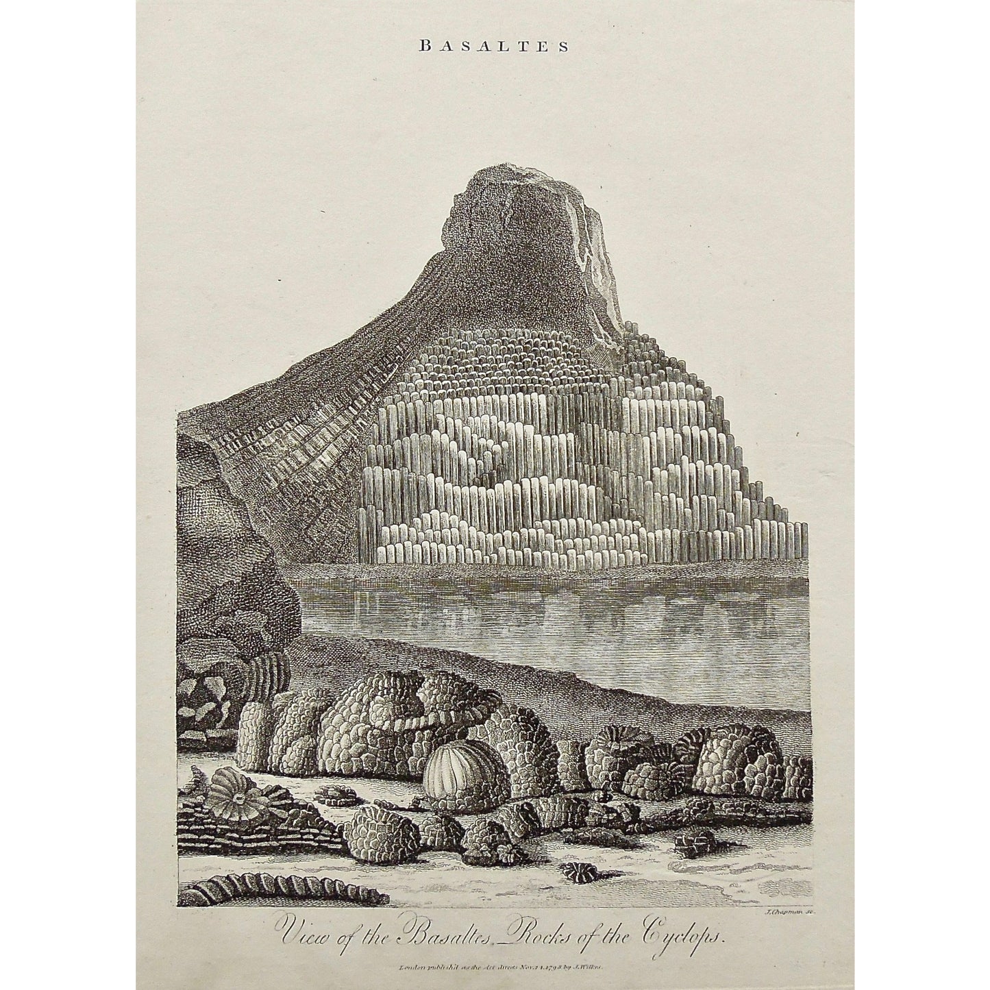 Basaltes, Rocks, Rock, Rock formations, Rocks of the Cyclops, Cyclops, Sicily, Antique Prints, Antique, Print, Vintage, Art, Wall art, decor, engraving, Encyclopedia, Encyclopaedia Londinensis, Dictionary, Universal Dictionary of Arts, London, Wilkes, Pass, Chapman, 1798,