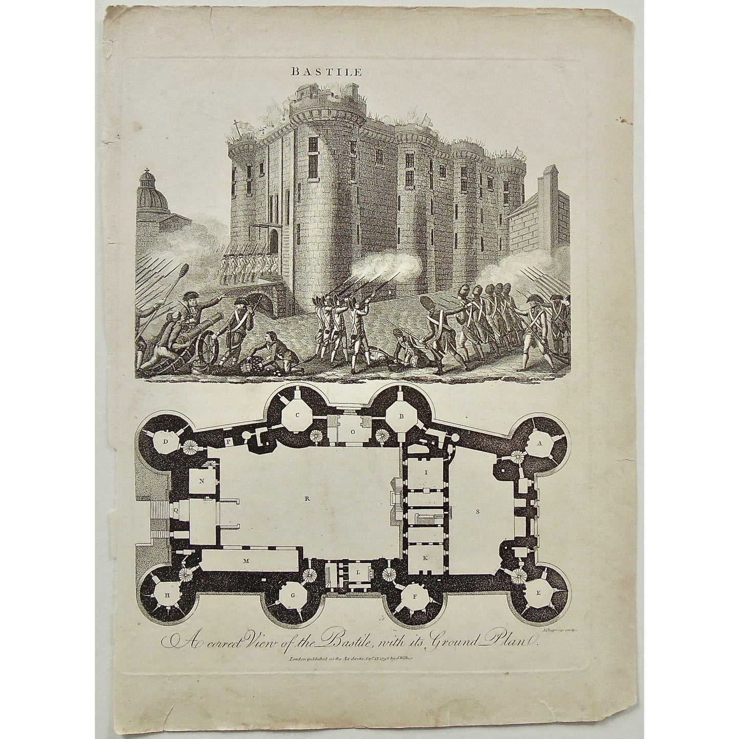 Bastile, Ground plan, plans, Building, diagram, layout, soldiers, attack, under attack, bastile under attack, battle, battles, Bastille, Antique Prints, Antique, Print, Vintage, Art, Wall art, decor, engraving, Encyclopedia, Encyclopaedia Londinensis, Dictionary, Universal Dictionary of Arts, London, Wilkes, Adlard, Chapman, 1798,