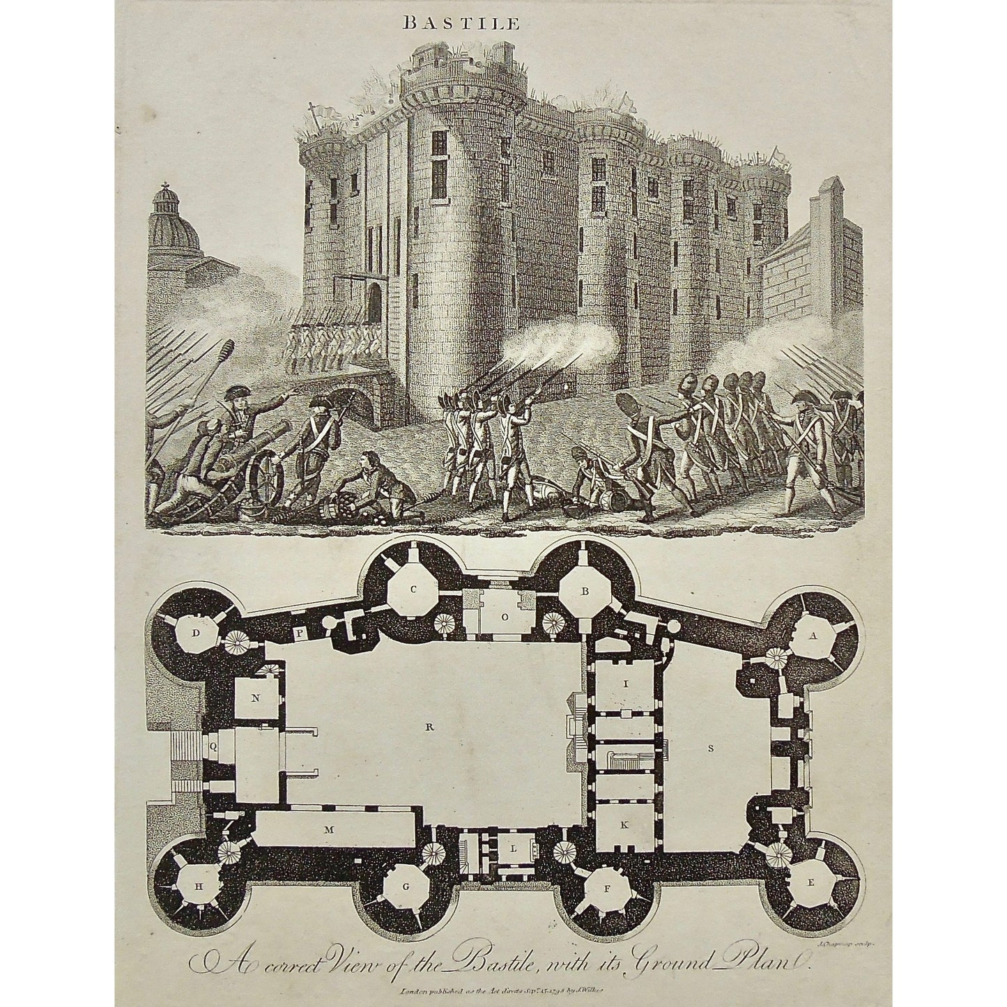 Bastile, Ground plan, plans, Building, diagram, layout, soldiers, attack, under attack, bastile under attack, battle, battles, Bastille, Antique Prints, Antique, Print, Vintage, Art, Wall art, decor, engraving, Encyclopedia, Encyclopaedia Londinensis, Dictionary, Universal Dictionary of Arts, London, Wilkes, Adlard, Chapman, 1798,