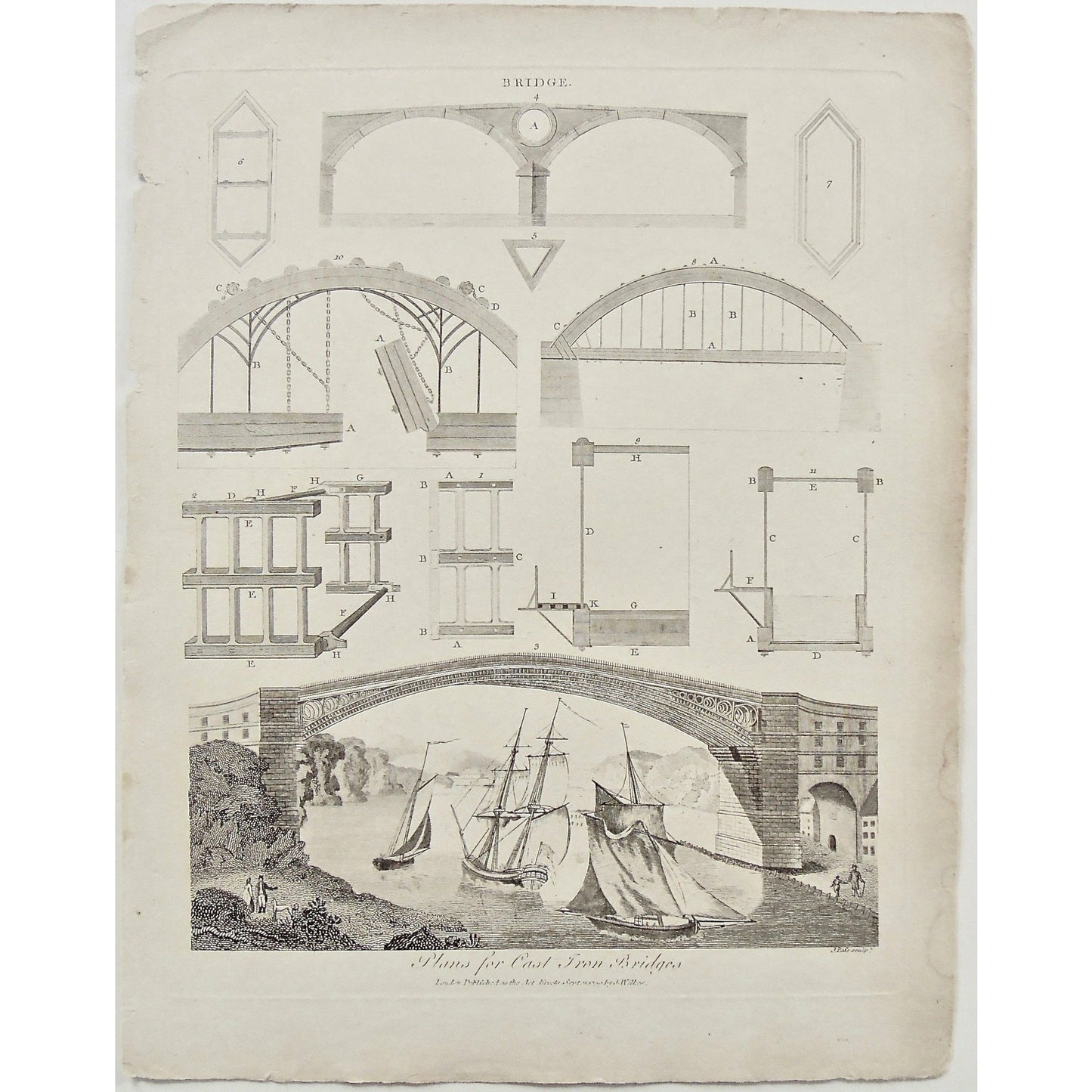 Bridge, Bridges, Plans, Cast iron, Cast iron bridge, Boats, Ships, Diagram, structure, design, Universal Dictionary, Dictionary, Encyclopaedia Londinensis, Encyclopedia, London, Antique Print, Antique, Prints, Vintage, Vintage Art, Art, Wall art, Decor, wall decor, design, engraving, original, authentic, Collectors, Collectable, rare books, rare, book, printmaking, print, printers, Wilkes, Adlard, Pass, 1799,