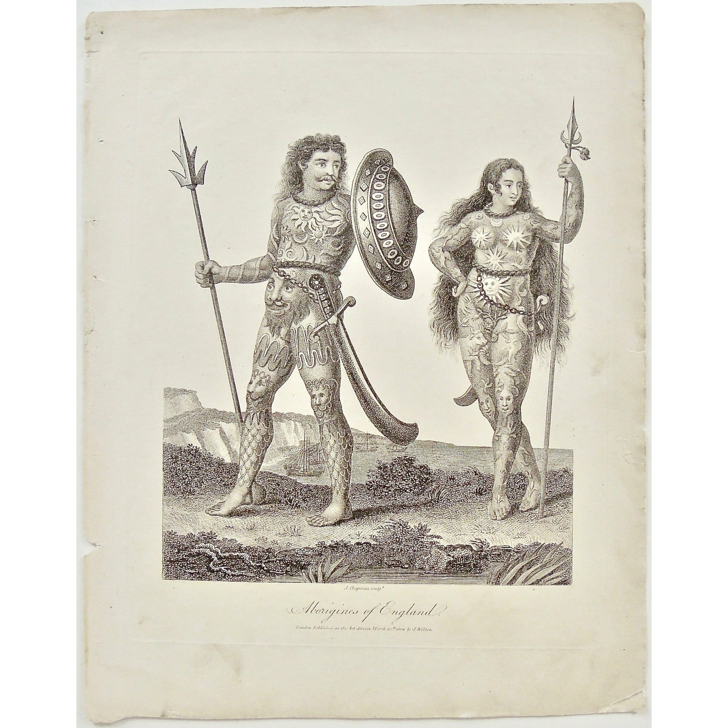 Aborigines, Aboriginal, Aboriginals, England, English, Aboriginals of England, Sword, Shield, Sword and shield, Daggers, tattoo, tattooing, full body tattoos, astronomy, astrology, ornate, detail, Symbolic, symbolism, Antique Prints, Prints, Antique, Original, Rare, Rare prints, printmaking, rare books, antique books, old prints, vintage prints, authentic prints, History of Art, art history, historical prints, wall decor, wall art, home decor, design, engravings,