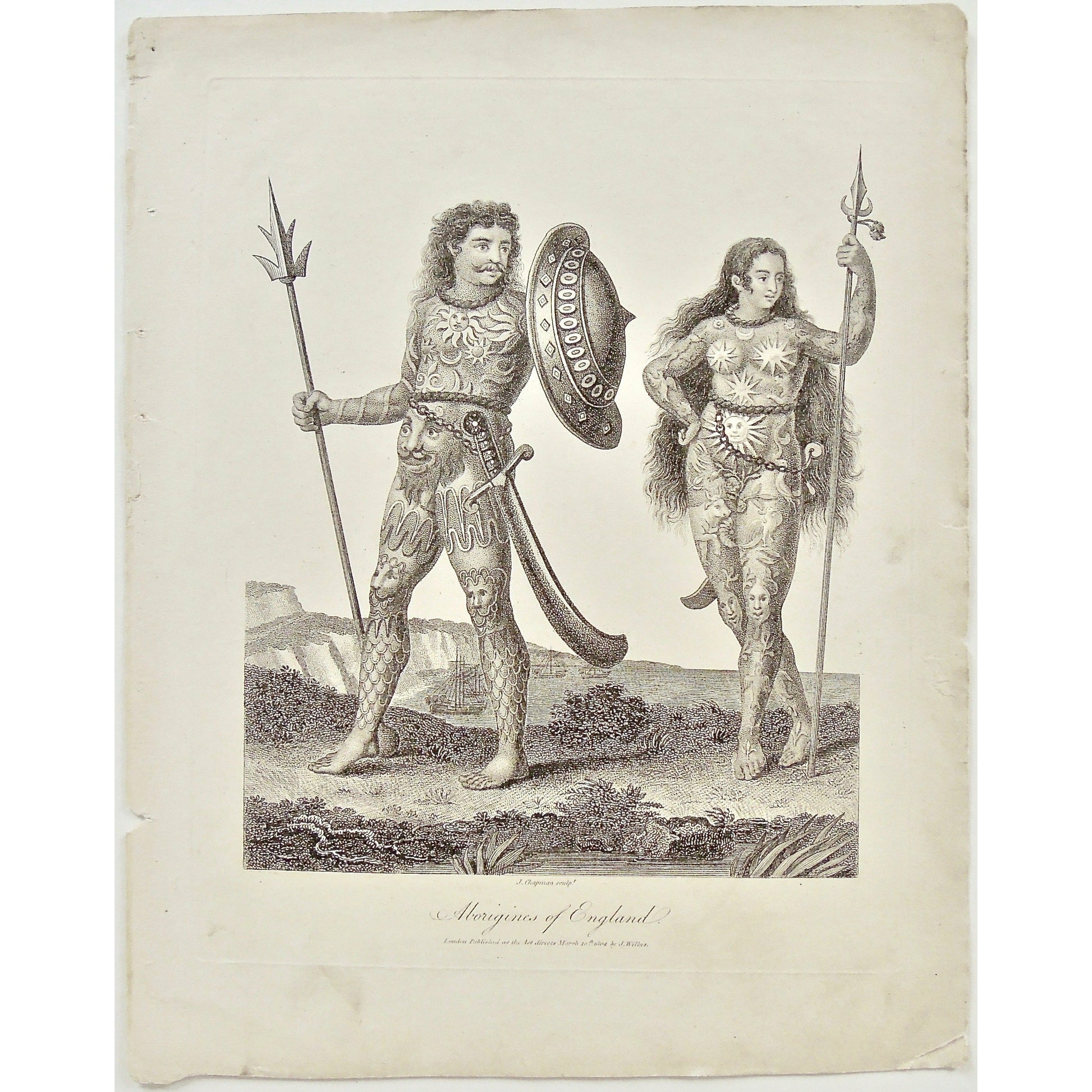 Aborigines, Aboriginal, Aboriginals, England, English, Aboriginals of England, Sword, Shield, Sword and shield, Daggers, tattoo, tattooing, full body tattoos, astronomy, astrology, ornate, detail, Symbolic, symbolism, Antique Prints, Prints, Antique, Original, Rare, Rare prints, printmaking, rare books, antique books, old prints, vintage prints, authentic prints, History of Art, art history, historical prints, wall decor, wall art, home decor, design, engravings,