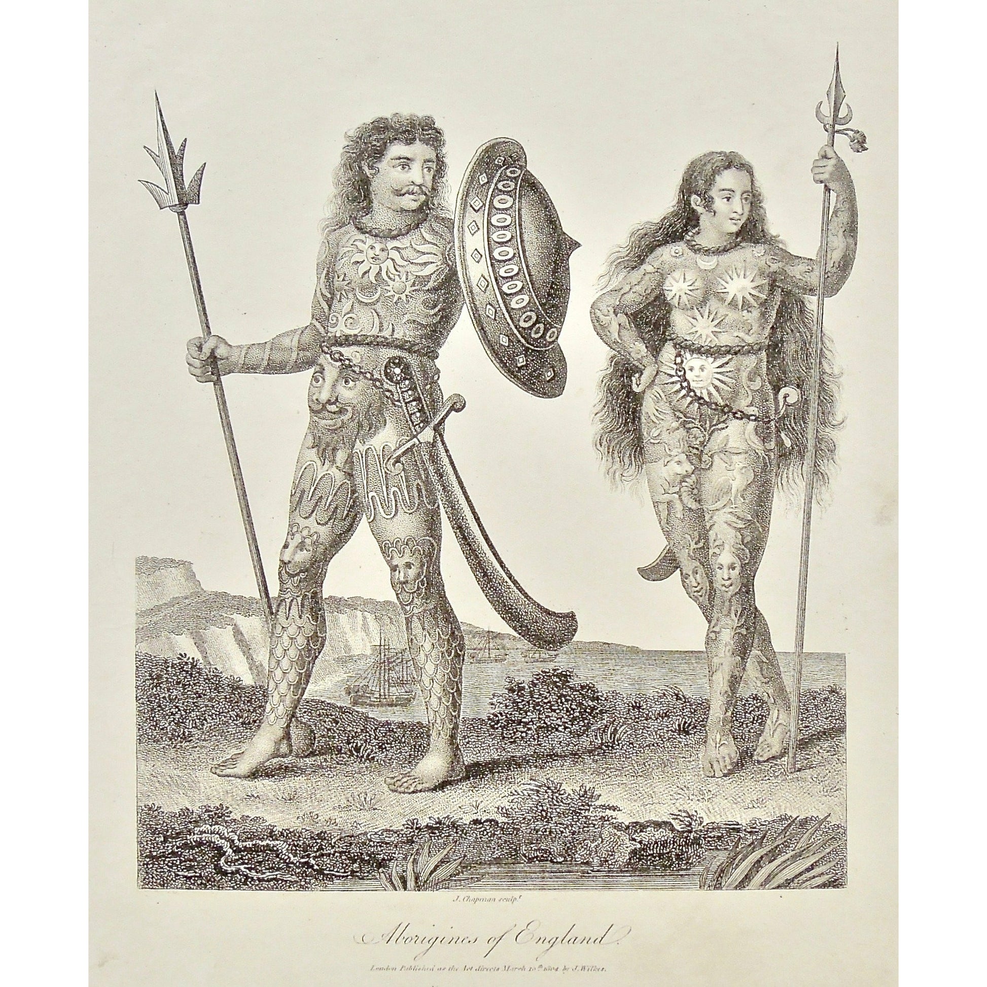 Aborigines, Aboriginal, Aboriginals, England, English, Aboriginals of England, Sword, Shield, Sword and shield, Daggers, tattoo, tattooing, full body tattoos, astronomy, astrology, ornate, detail, Symbolic, symbolism, Antique Prints, Prints, Antique, Original, Rare, Rare prints, printmaking, rare books, antique books, old prints, vintage prints, authentic prints, middle eastern prints, History of Art, art history, historical prints, wall decor, wall art, home decor, design, engravings,