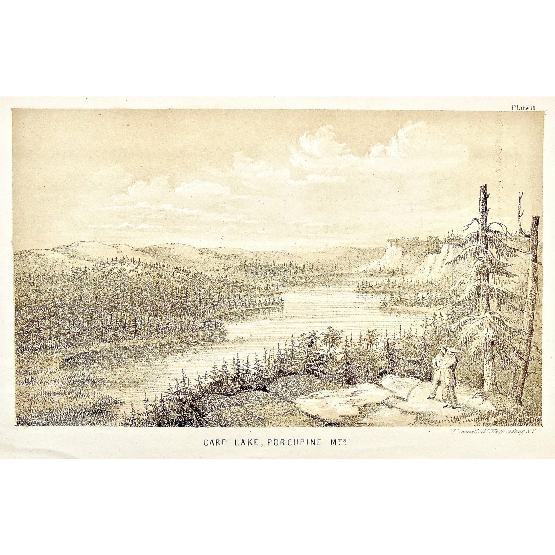 Carp Lake, Carp, Porcupine Mountains, Porcupine, Mts, Mountains, Views, Distant views, Landscape, Lake Superior, Lake, Superior, National Lakeshore, Lakeshore, Michigan, MI, Ackerman, 379 Broadway, Foster, Whitney, House of Representatives, House of Reps., Report, Geology, Topography, Land District, State of Michigan, Part I, Copper Lands, General Geology, Washington D.C., Washington, DC, D.C., 185o, lithograph, two-toned, Antique Print, Antique, Prints, Vintage, Art, Wall art, Decor, wall decor, design, en