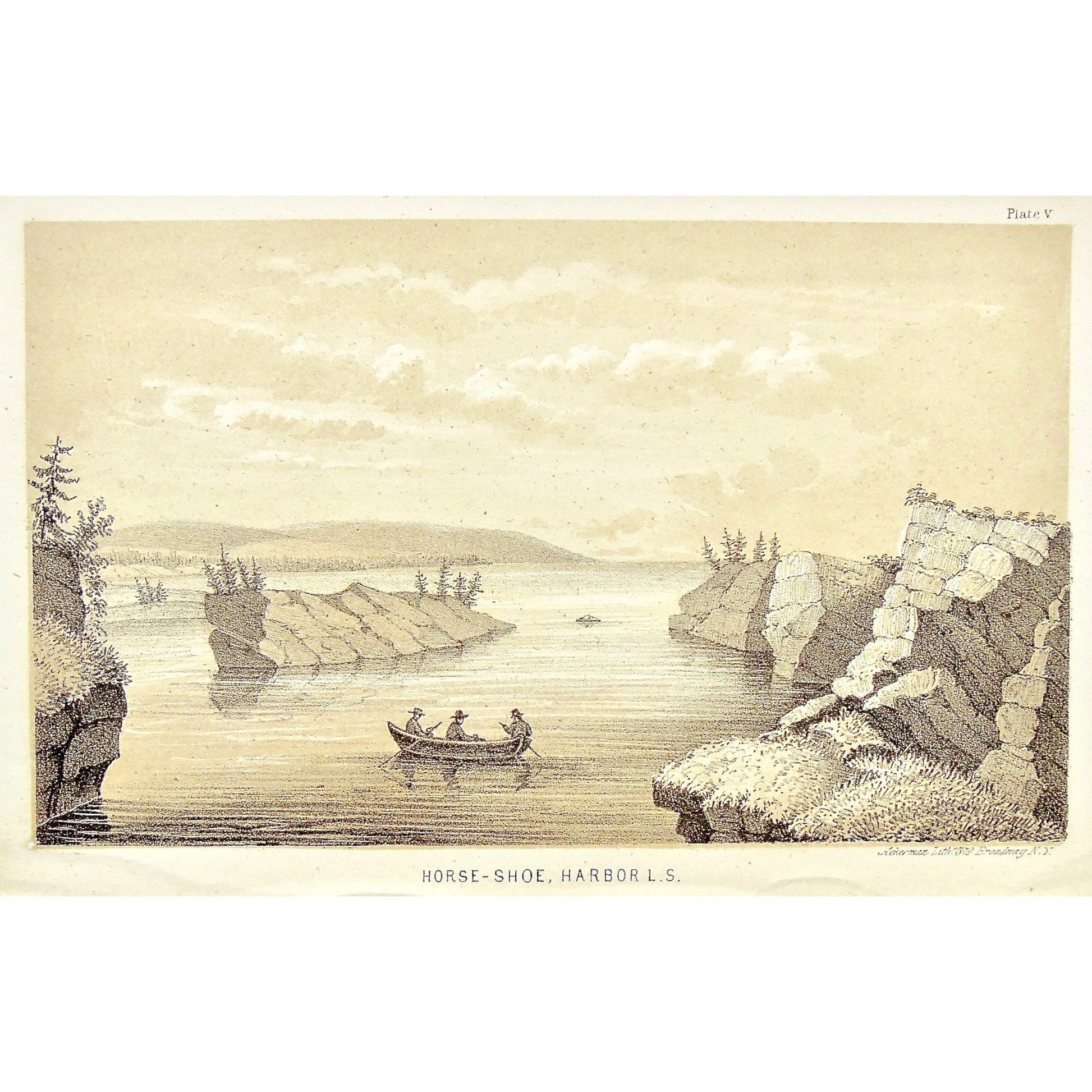 Horse-Shoe, Horseshoe, Harbor, Harbour, Horse-Shoe Harbor, View, rowing, rowboat, rocks, rock formations, L.S., Landscape, Lake Superior, Lake, Superior, National Lakeshore, Lakeshore, Michigan, MI, Ackerman, 379 Broadway, Foster, Whitney, House of Representatives, House of Reps., Report, Geology, Topography, Land District, State of Michigan, Part I, Copper Lands, General Geology, Washington D.C., Washington, DC, D.C., 185o, lithograph, two-toned, Antique Print, Antique, Prints, Vintage, Art, Wall art, Deco