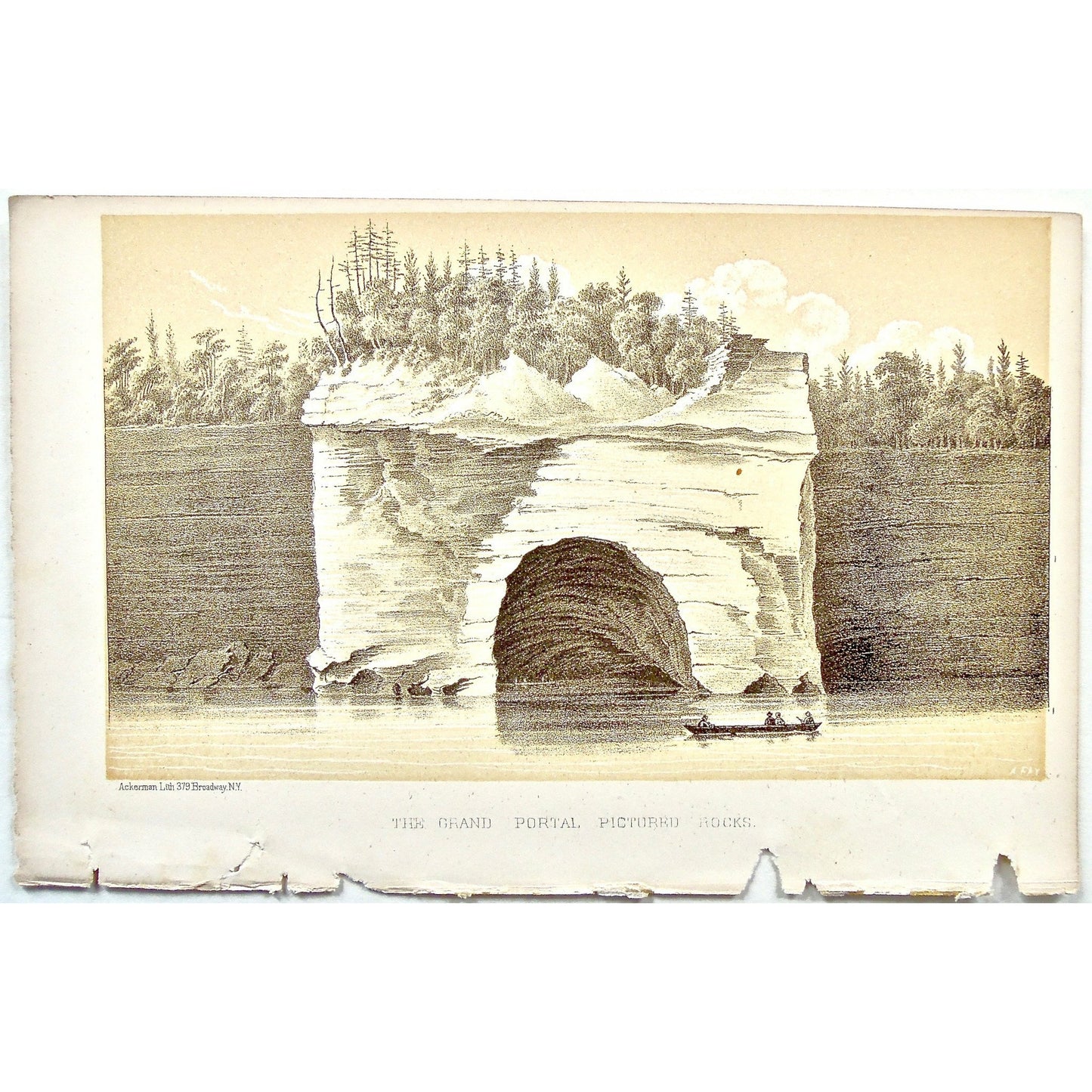 Grand Portal, Grand, Portal, Alcove, View, Rock, Rock formation, rowing, rowboat, Pictured Rocks, Cliff, Landscape, Lake Superior, Lake, Superior, National Lakeshore, Lakeshore, Michigan, MI, Ackerman, 379 Broadway, Foster, Whitney, House of Representatives, House of Reps., Report, Geology, Topography, Land District, State of Michigan, Part II, The Iron Region, General Geology, Washington D.C., Washington, DC, D.C., 1851, lithograph, two-toned, Antique Print, Antique, Prints, Vintage, Art, Wall art, Decor, 