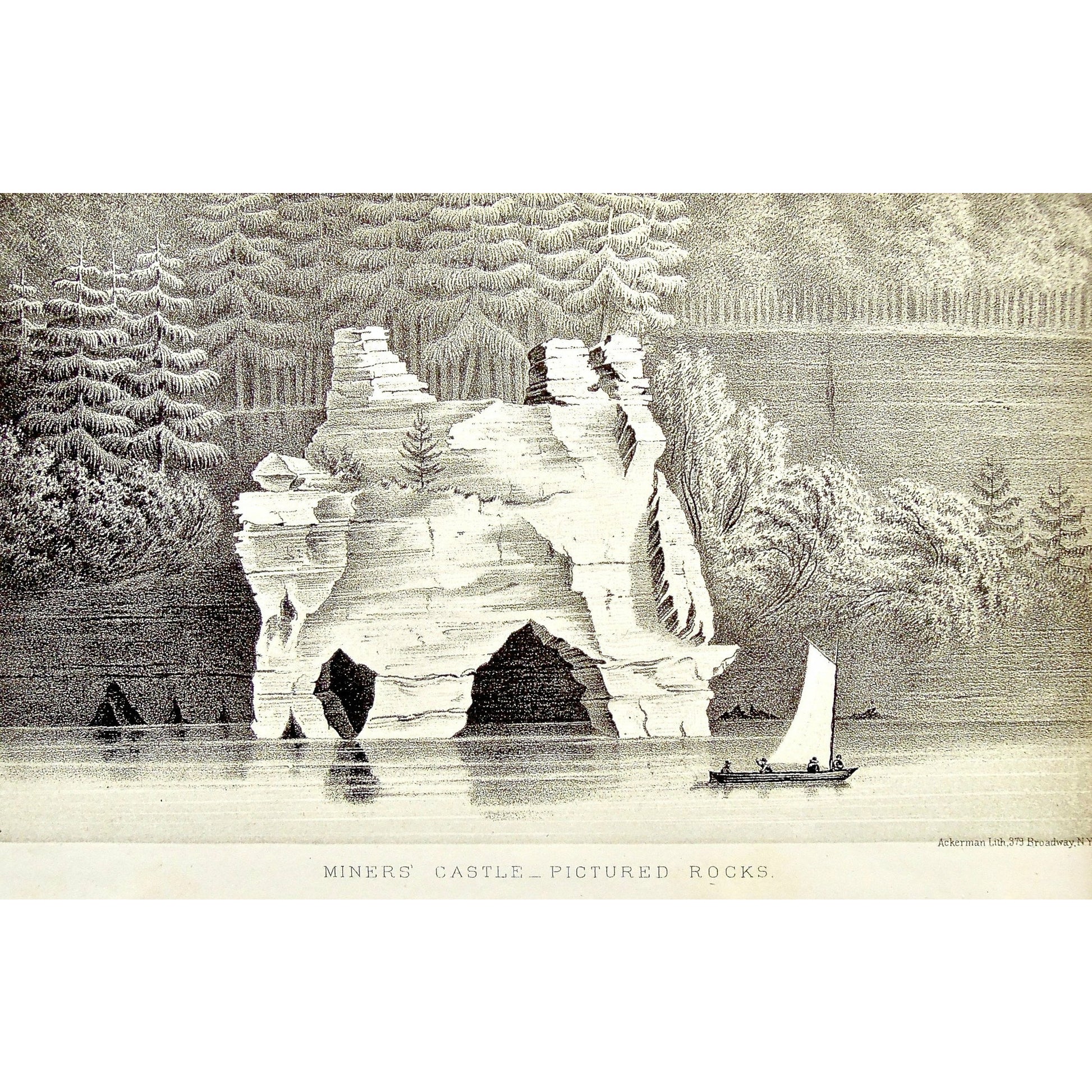 Miners' Castle, Rocks, Rock formation, Cliff, sailing, sailboat, view, from the water, Pictured rocks, Landscape, Lake Superior, Lake, Superior, National Lakeshore, Lakeshore, Michigan, MI, Ackerman, 379 Broadway, Foster, Whitney, House of Representatives, House of Reps., Report, Geology, Topography, Land District, State of Michigan, Part II, The Iron Region, General Geology, Washington D.C., Washington, DC, D.C., 1851, lithograph, two-toned, Antique Print, Antique, Prints, Vintage, Art, Wall art, Decor, wa