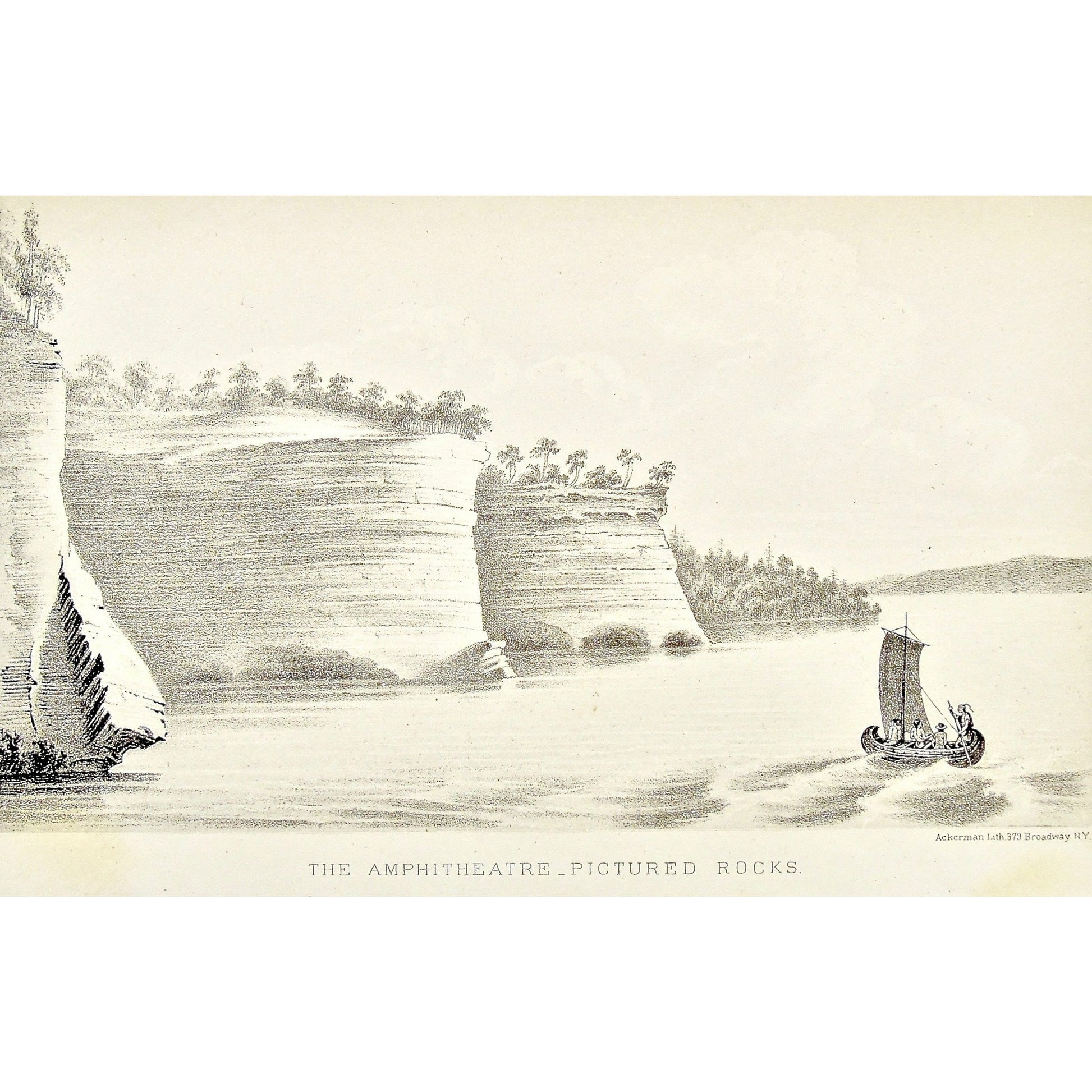 Amphitheater, Rocks, Rock formation, Pictured Rocks, Cliff, View, from the water, sail, Sailing, sailboat, Landscape, Lake Superior, Lake, Superior, National Lakeshore, Lakeshore, Michigan, MI, Ackerman, 379 Broadway, Foster, Whitney, House of Representatives, House of Reps., Report, Geology, Topography, Land District, State of Michigan, Part II, The Iron Region, General Geology, Washington D.C., Washington, DC, D.C., 1851, lithograph, two-toned, Antique Print, Antique, Prints, Vintage, Art, Wall art, Decor