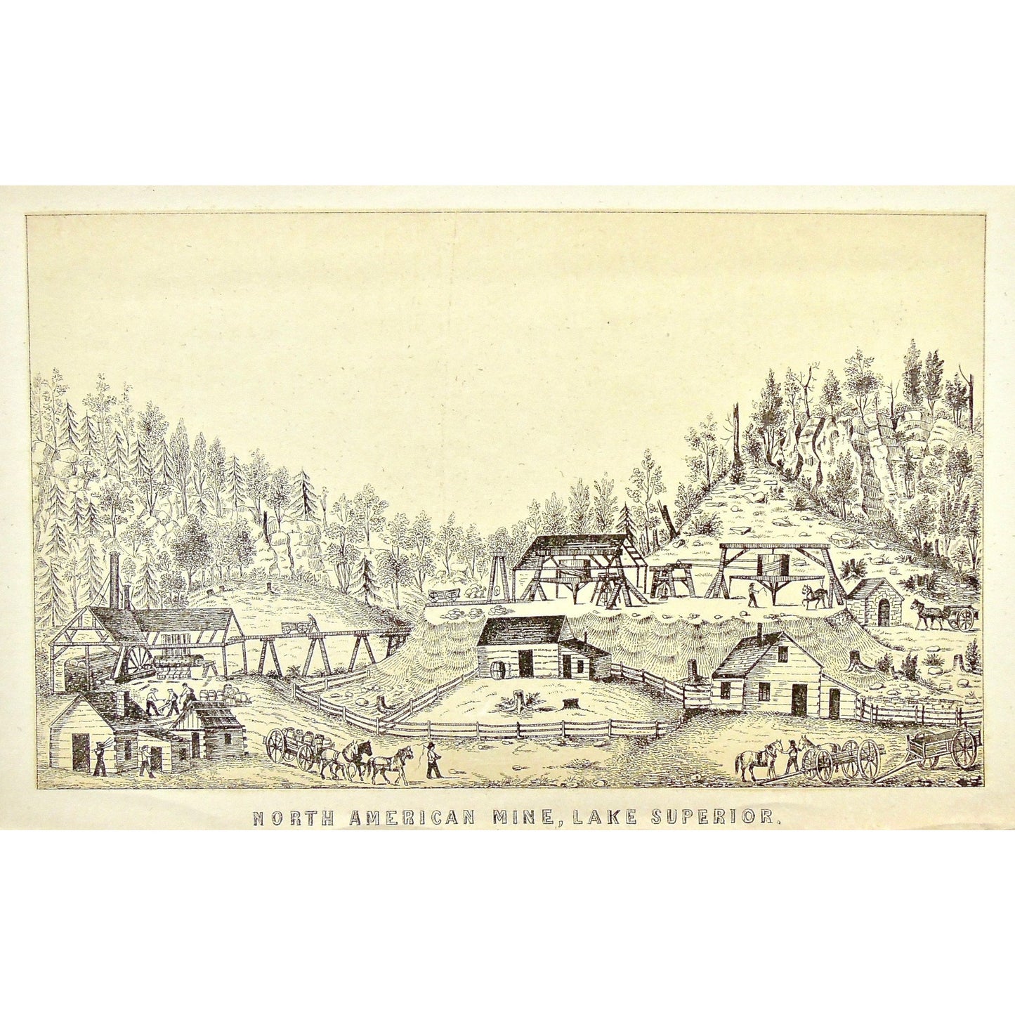 North American Mine, North American, Mine, Mining, horse and cart, fort, work horses, tools, working, labour, Landscape, Lake Superior, Lake, Superior, National Lakeshore, Lakeshore, Michigan, MI, Ackerman, 379 Broadway, Foster, Whitney, House of Representatives, House of Reps., Report, Geology, Topography, Land District, State of Michigan, Part I, Copper Lands, General Geology, Washington D.C., Washington, DC, D.C., 185o, lithograph, two-toned, Antique Print, Antique, Prints, Vintage, Art, Wall art, Decor,