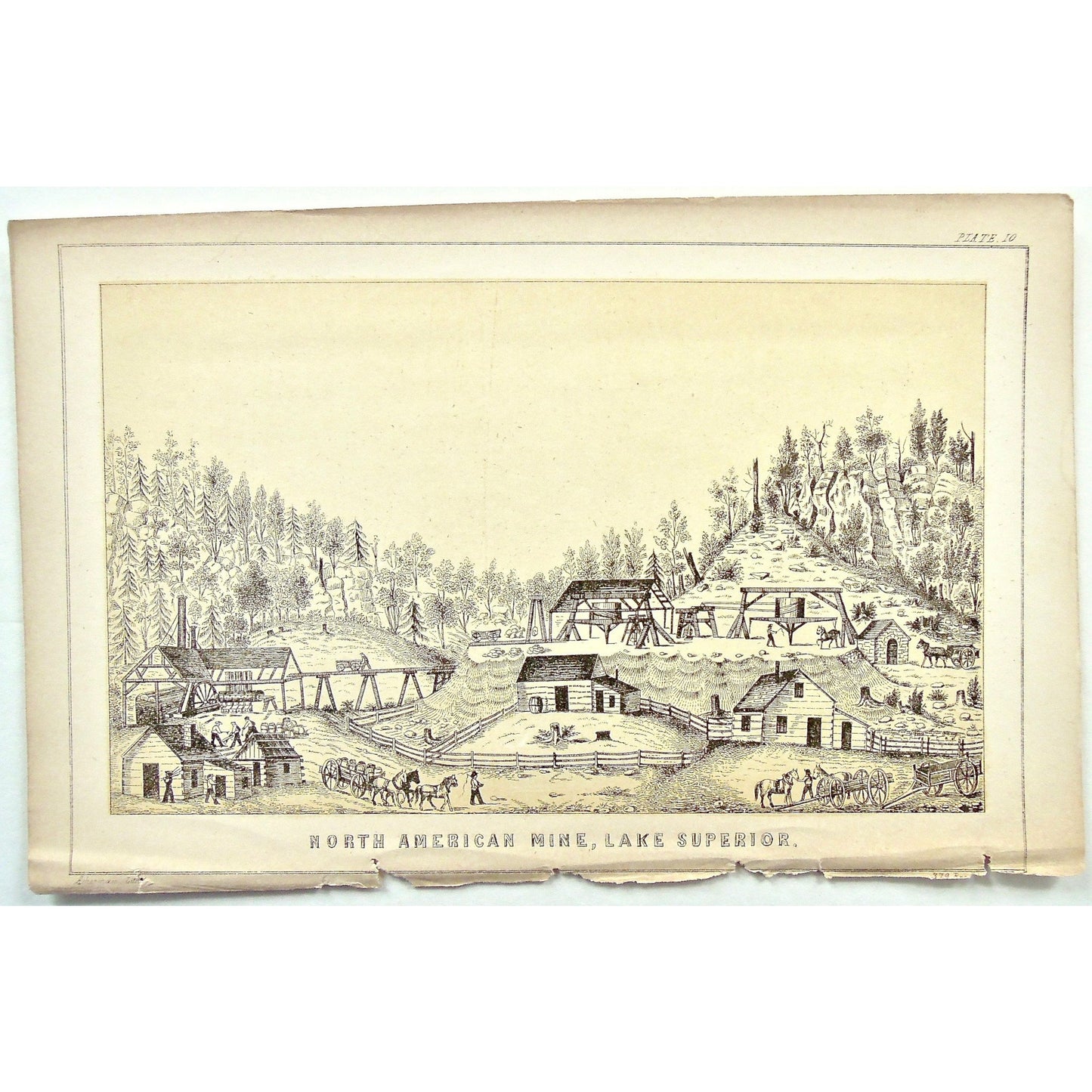 North American Mine, North American, Mine, Mining, horse and cart, fort, work horses, tools, working, labour, Landscape, Lake Superior, Lake, Superior, National Lakeshore, Lakeshore, Michigan, MI, Ackerman, 379 Broadway, Foster, Whitney, House of Representatives, House of Reps., Report, Geology, Topography, Land District, State of Michigan, Part I, Copper Lands, General Geology, Washington D.C., Washington, DC, D.C., 185o, lithograph, two-toned, Antique Print, Antique, Prints, Vintage, Art, Wall art, Decor,