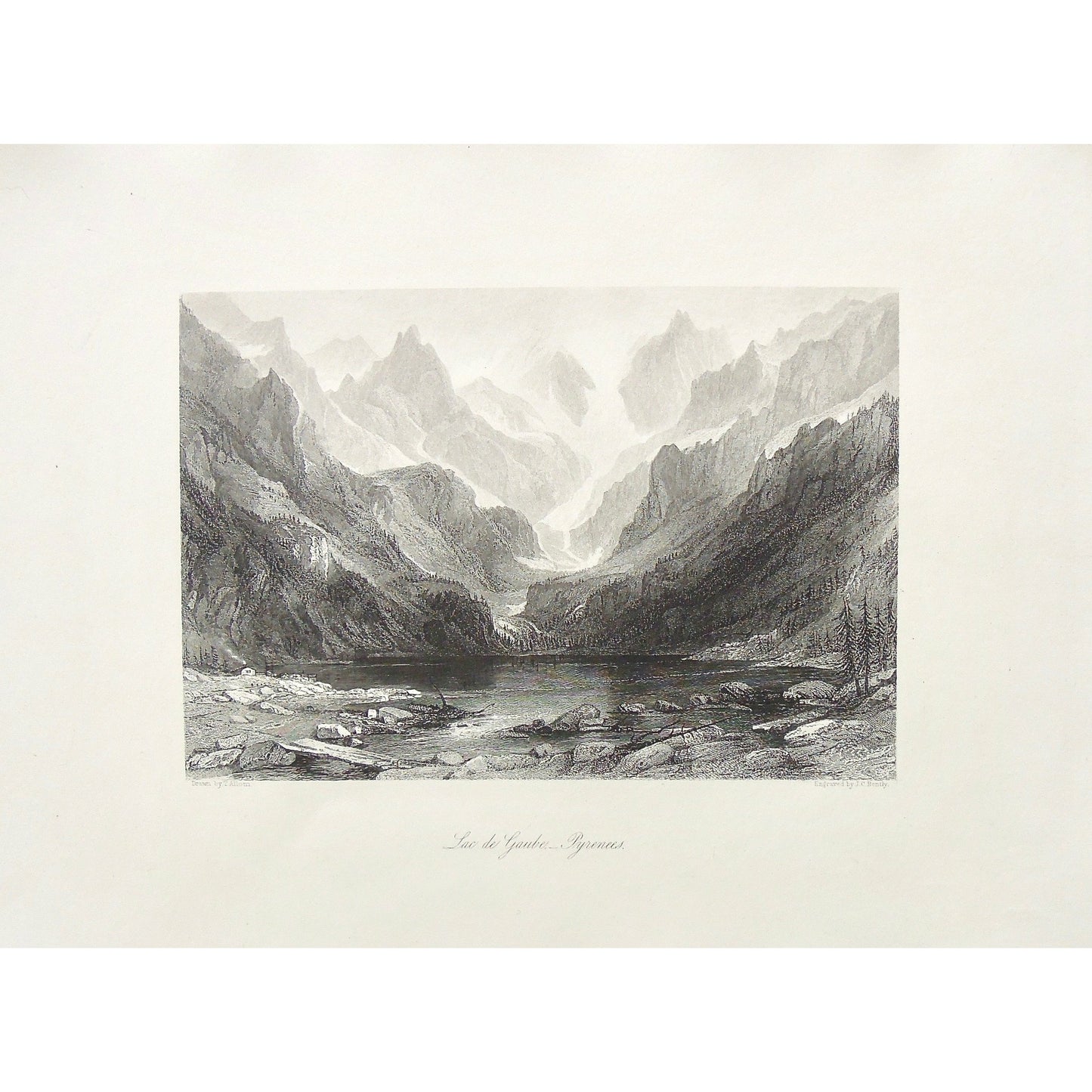 lac, lake, Pyrenees, Pyrenees Mountains, mountains, mountain range, valley, lakes, lac de Gaube, Gaube, France, Allom, Thomas Allom, T. Allom, Bently, J. C. Bently, Steel engraving, Europe Illustrated, London Printing and Publishing Company, London, 1876-79, 1876, 1879, Antique Print, Antique, Prints, Vintage, Vintage Art, Vintage Prints, Art, Wall art, Decor, wall decor, design, engraving, original, authentic, Collectors, Collectable, rare books, rare, book, printmaking, print, printers, Sherer, John Shere