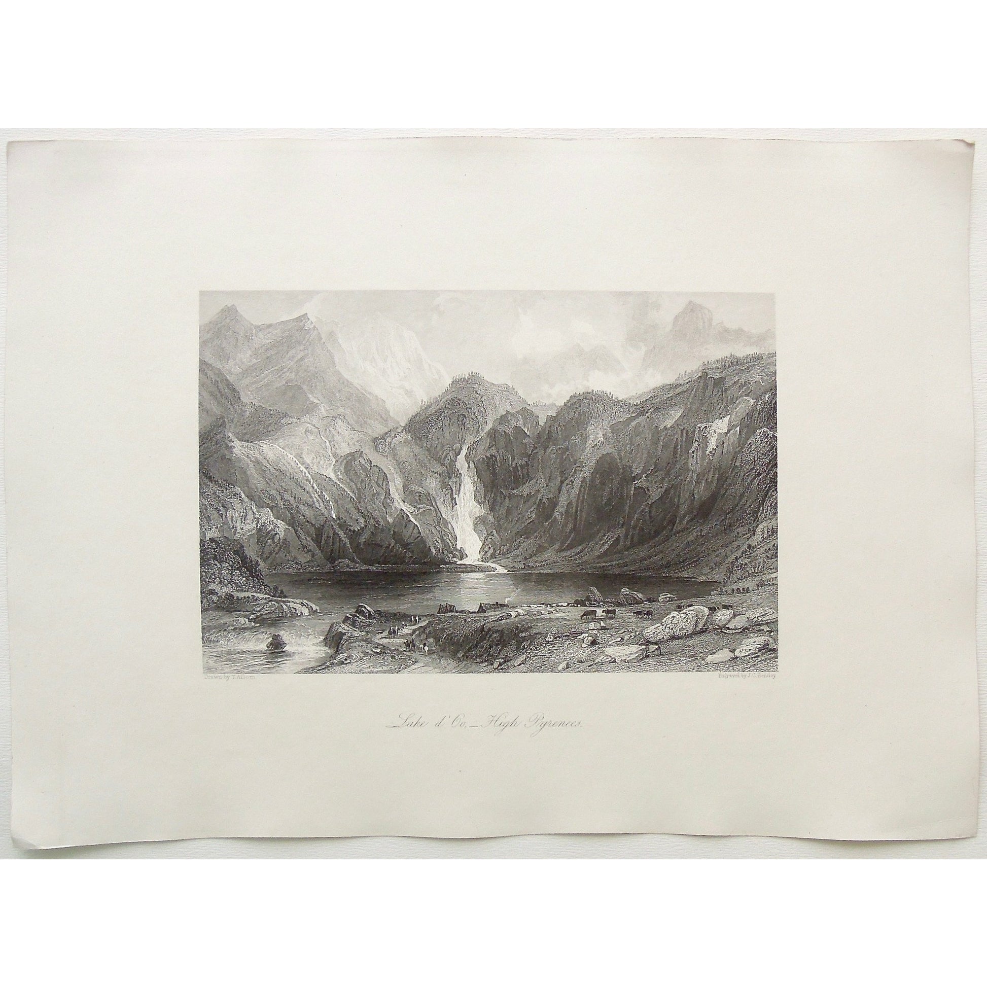 Lake d'Oo, Lac d'Oo, Pyrenees, Lake, Lac, Haute-Pyrenees, Pyrenees Mountains, Mountain range, waterfall, Cows, cattle, village, France, Commune of Oo, distant view, Bently, J. C. Bently, Allom, Thomas Allom, T. Allom, Steel engraving, Europe Illustrated, London Printing and Publishing Company, London, 1876-79, 1876, 1879, Sherer, John Sherer, Antique Print, Antique, Prints, Vintage, Vintage Art, Vintage Prints, Art, Wall art, Decor, wall decor, design, engraving, original, authentic, Collectors, Collectable