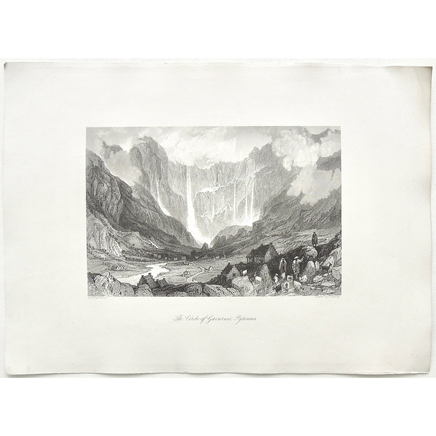 Circle of Gavarnie, Circle, Gavarnie, Pyrenees, Pyrenees Mountains, Mountains, Mountain range, waterfalls, town, village, goats, goat herders, herding, distant view, Hautes-Pyrénées, Southwestern France, France, J. C. Bently, Bently, Allom, Thomas Allom, T. Allom, Steel engraving, Europe Illustrated, London Printing and Publishing Company, London, 1876-79, 1876, 1879, Sherer, John Sherer, Antique Print, Antique, Prints, Vintage, Vintage Art, Vintage Prints, Art, Wall art, Decor, wall decor, design, engravin