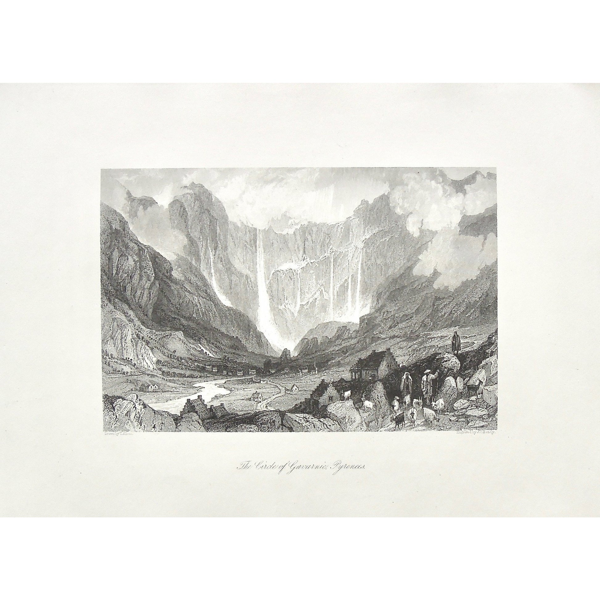 Circle of Gavarnie, Circle, Gavarnie, Pyrenees, Pyrenees Mountains, Mountains, Mountain range, waterfalls, town, village, goats, goat herders, herding, distant view, Hautes-Pyrénées, Southwestern France, France, J. C. Bently, Bently, Allom, Thomas Allom, T. Allom, Steel engraving, Europe Illustrated, London Printing and Publishing Company, London, 1876-79, 1876, 1879, Sherer, John Sherer, Antique Print, Antique, Prints, Vintage, Vintage Art, Vintage Prints, Art, Wall art, Decor, wall decor, design, engravin