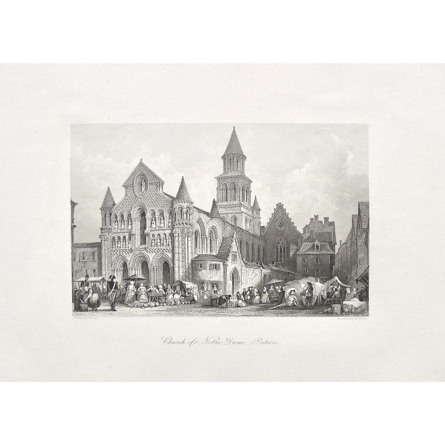 Church of Notre Dame, Poitiers, Church, Notre-Dame, Ornate church, architecture, design, guard, market, vendors, Church entrance, Église Notre-Dame la Grande, Église, France, Catholic, Roman Catholic, Diocese, Wallis, W. Wallis, Allom, Thomas Allom, T. Allom, Steel engraving, Europe Illustrated, London Printing and Publishing Company, London, 1876-79, 1876, 1879, Sherer, John Sherer, Antique Print, Antique, Prints, Vintage, Vintage Art, Vintage Prints, Art, Wall art, Decor, wall decor, design, engraving, 