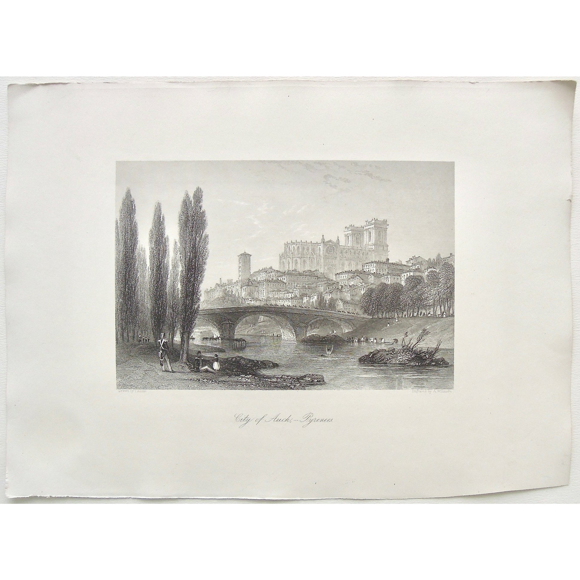 City of Auch, City, Auch, Pyrenees, Bridge, castle, town, Village, view, by the water, soldier, soldiers, horses, horses in the water, man drowning, cavalry, buildings, Southwestern France, France, Gers, Gascony, Willmore, A. Willmore, Allom, Thomas Allom, T. Allom, Steel engraving, Europe Illustrated, London Printing and Publishing Company, London, 1876-79, 1876, 1879, Sherer, John Sherer, Antique Print, Antique, Prints, Vintage, Vintage Art, Vintage Prints, Art, Wall art, Decor, wall decor, design, engrav