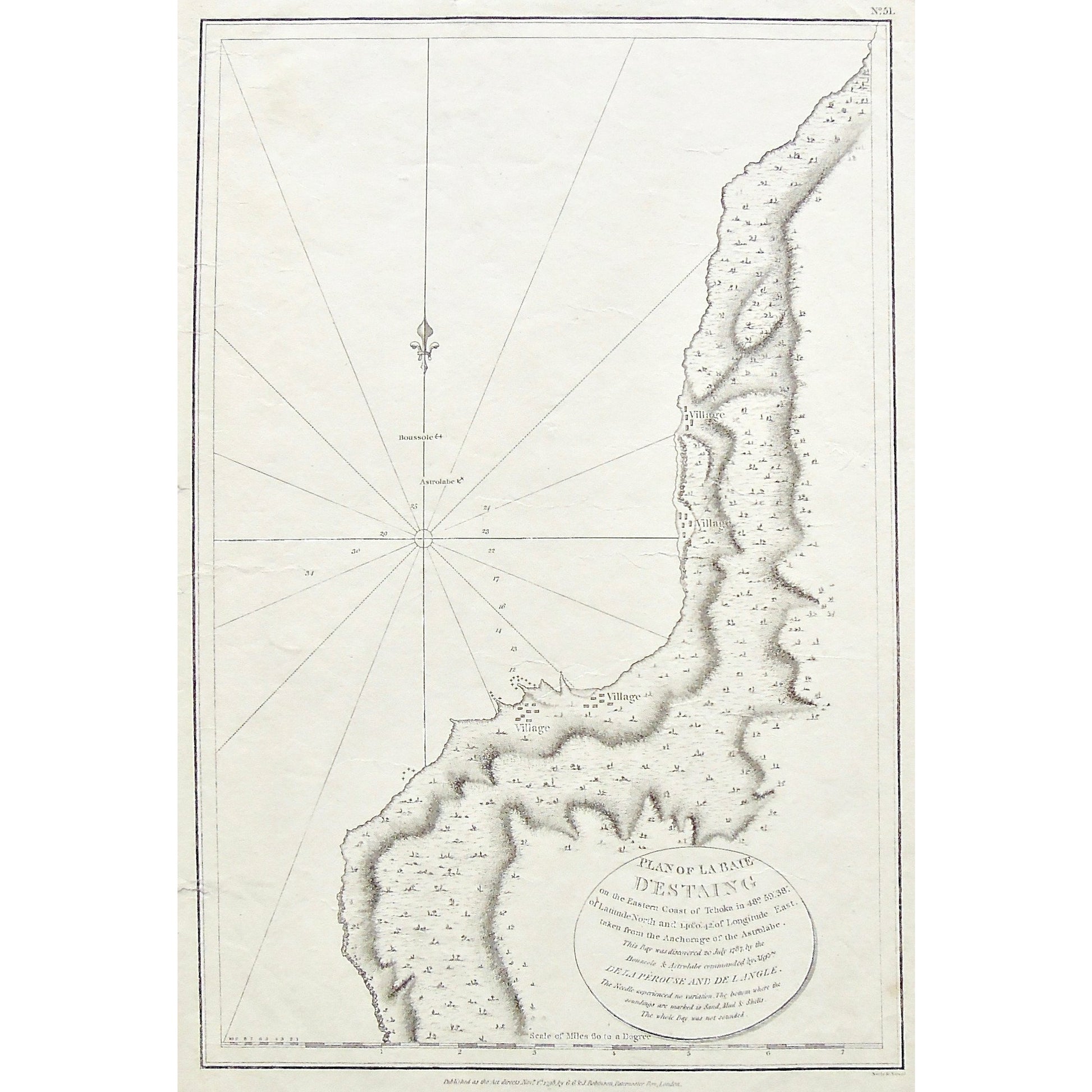 Boussole, Astrolabe, Plan, Plan of La Baie d'Estaing, Baie d'Estaing, Village, Eastern Coast, Tchoka, Anchorage, La Perousse, De Langle, G.G. & J. Robinson, Paternoster Row, london, Map, Maps, Mapping, Chart, Charting, Coastline, Charts, Russia, Antique Print, Antique, Prints, Vintage, Vintage Art, Vintage Prints, Art, Wall art, Decor, wall decor, design, engraving, original, authentic, Collectors, Collectable, rare books, rare, book, printmaking, print, printers,