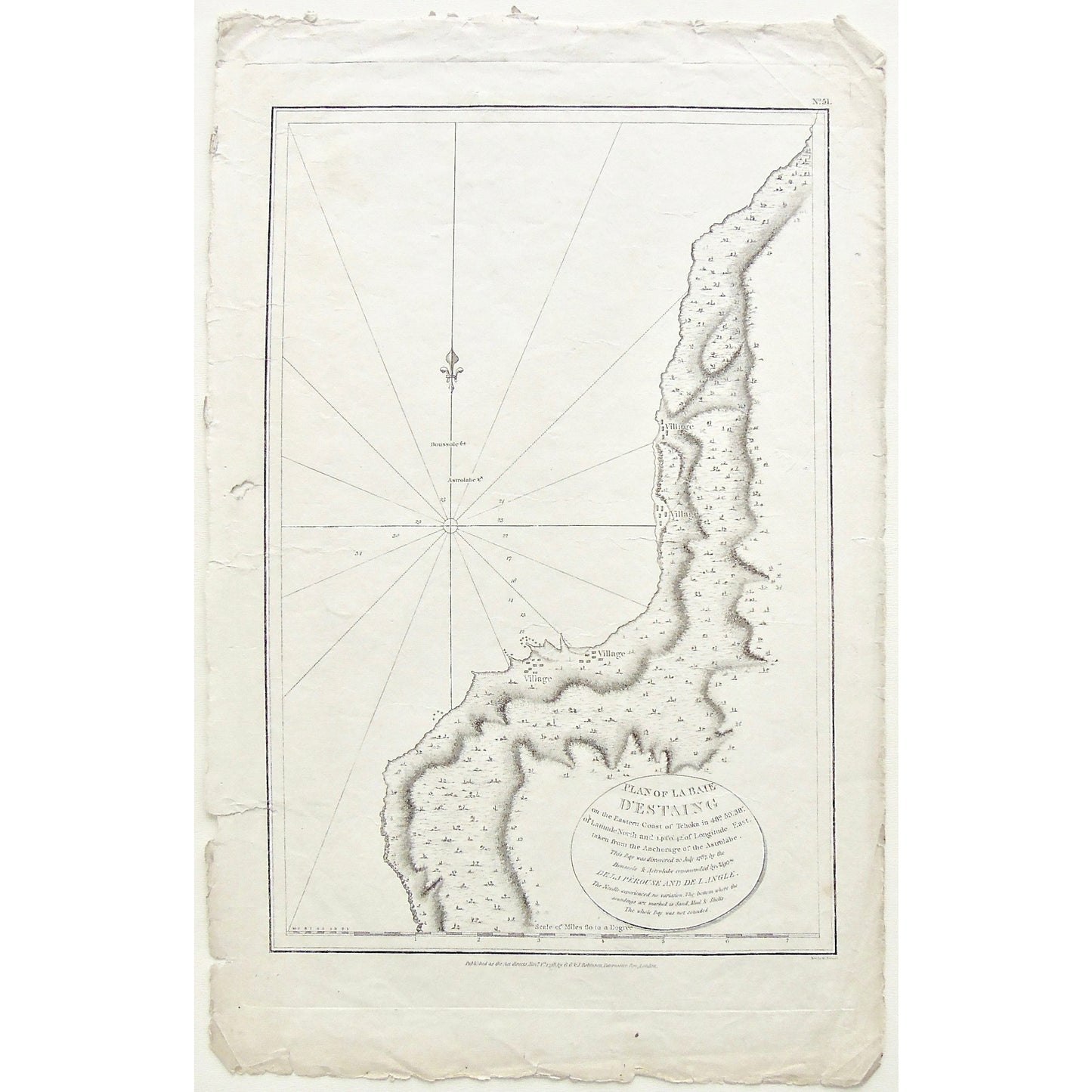 Boussole, Astrolabe, Plan, Plan of La Baie d'Estaing, Baie d'Estaing, Village, Eastern Coast, Tchoka, Anchorage, La Perousse, De Langle, G.G. & J. Robinson, Paternoster Row, london, Map, Maps, Mapping, Chart, Charting, Coastline, Charts, Russia, Antique Print, Antique, Prints, Vintage, Vintage Art, Vintage Prints, Art, Wall art, Decor, wall decor, design, engraving, original, authentic, Collectors, Collectable, rare books, rare, book, printmaking, print, printers,