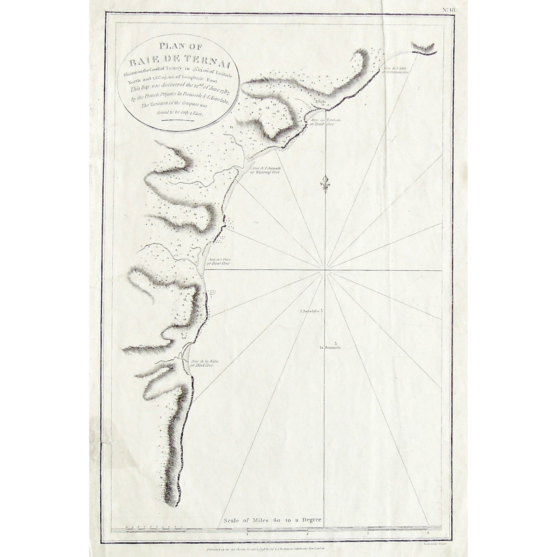 Plan, Plan of Baie of Ternai, Ternai, Bay, Baie, Baie of Ternai, Map, Maps, Mapping, Chart, Charts, Charting, Anse de l'Affut, Sportsman's Cove, Anse de Tombeau, Tomb, Tomb Cove, Cove, Anse de l'Aiguade, Watering Cove, Anse des Ours, Bear Cove, Anse de la Biche, Hind Cove, L'Astrolabe, Astrolabe, La Boussole, Boussole, Coast, Coastline, Tartary, G.G. & J. Robinson, Paternoster Row, London, 1787, Frigates, Fregates, French, Antique Print, Antique, Prints, Vintage, Vintage Art, Vintage Prints, Art, Wall art, 