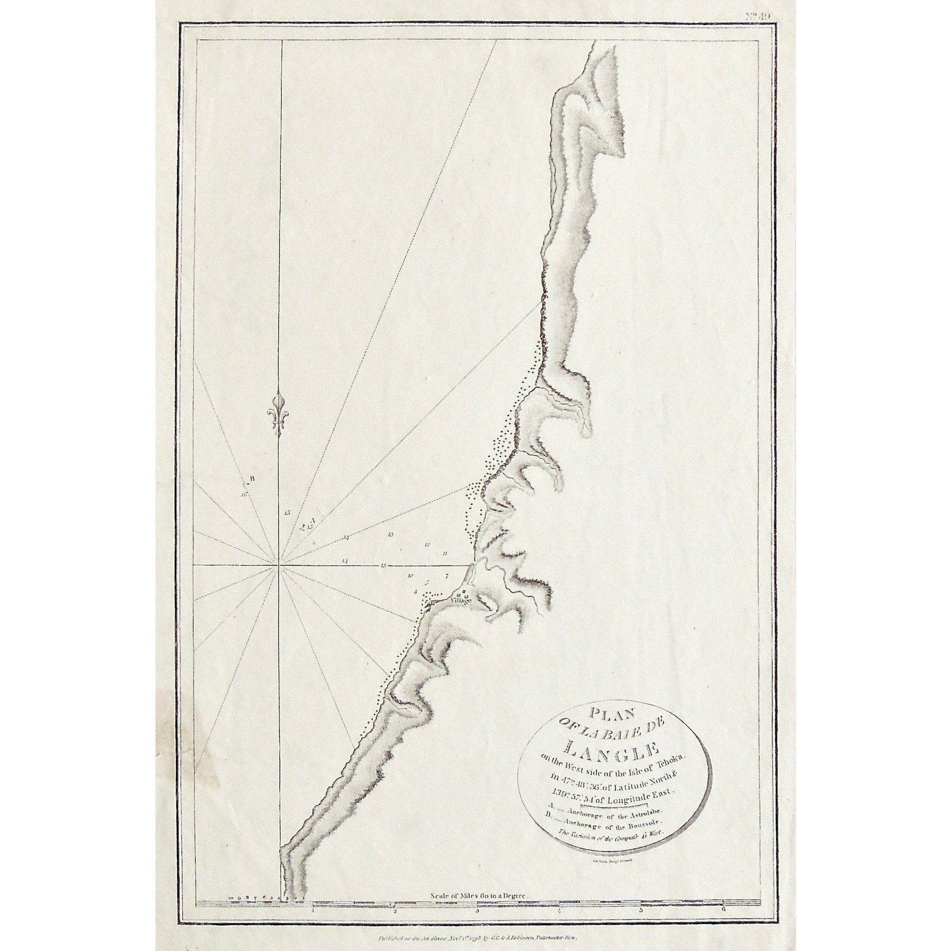 Plan, Plan of La Baie de Langle, Baie de Langle, Baie, Langle, Isle of Tchoka, Tchoka, Anchorage, Astrolabe, Boussole, Map, Maps, Mapping, Chart, Charts, Charting, G.G. & J. Robinson, Paternoster Row, London, Village, Coast, Coastline, Russia, Antique Print, Antique, Prints, Vintage, Vintage Art, Vintage Prints, Art, Wall art, Decor, wall decor, design, engraving, original, authentic, Collectors, Collectable, rare books, rare, book, printmaking, print, printers,