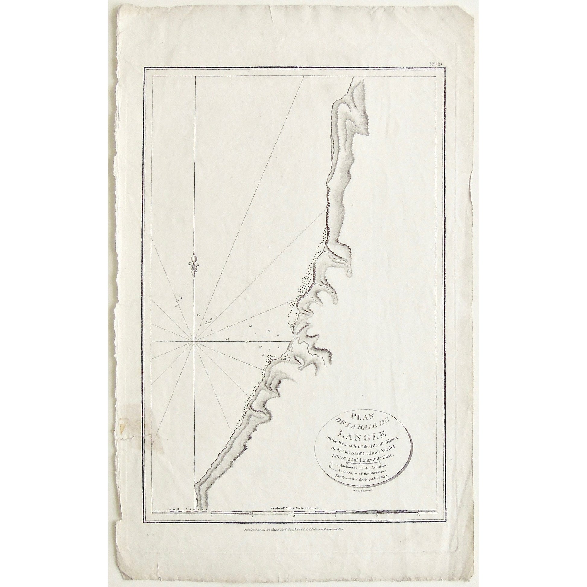 Plan, Plan of La Baie de Langle, Baie de Langle, Baie, Langle, Isle of Tchoka, Tchoka, Anchorage, Astrolabe, Boussole, Map, Maps, Mapping, Chart, Charts, Charting, G.G. & J. Robinson, Paternoster Row, London, Village, Coast, Coastline, Russia, Antique Print, Antique, Prints, Vintage, Vintage Art, Vintage Prints, Art, Wall art, Decor, wall decor, design, engraving, original, authentic, Collectors, Collectable, rare books, rare, book, printmaking, print, printers,